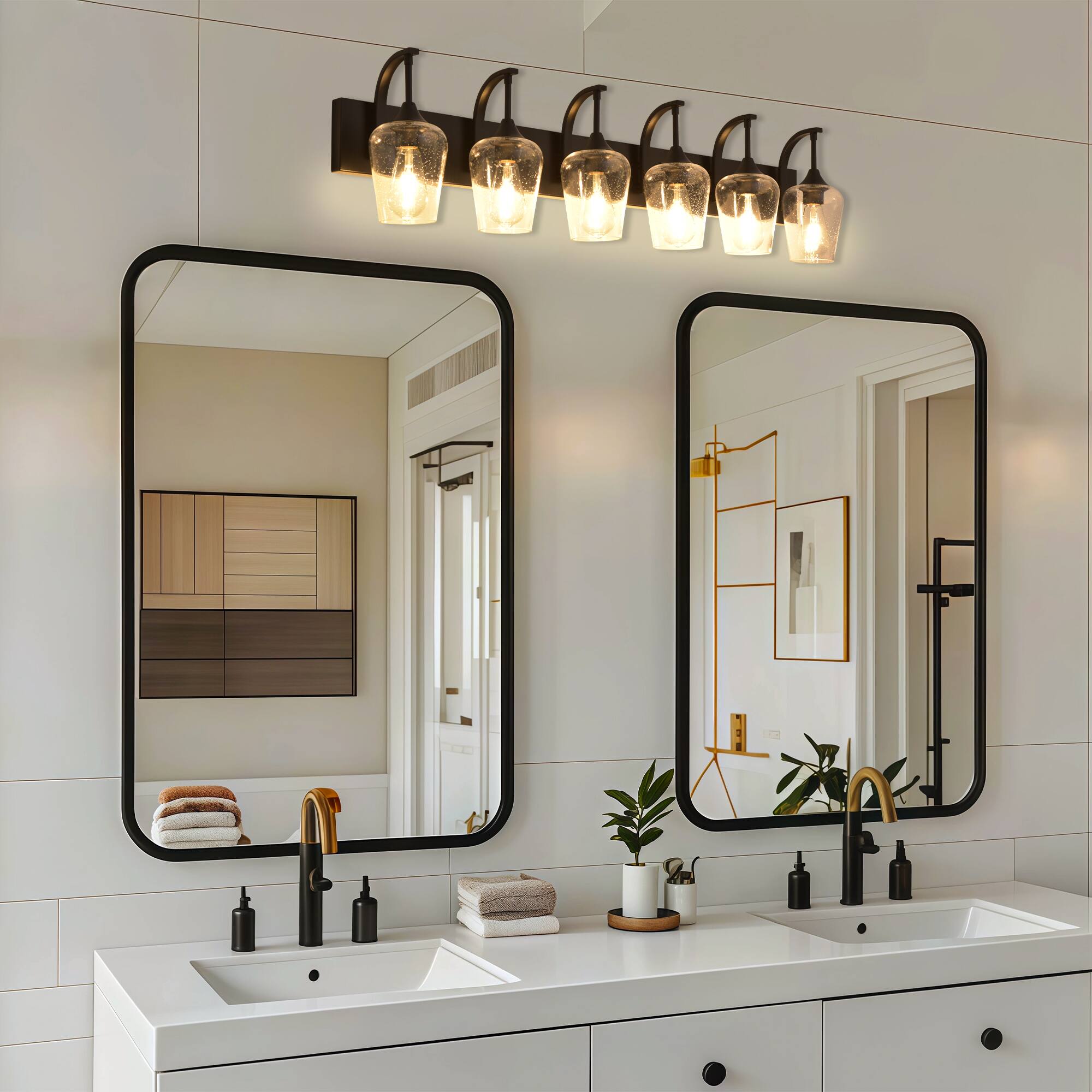Left. RYHNUYNE - Black Bathroom Light Fixtures,6-Light Industrial Vanity Light with Clear Glass Shades,Bathroom Wall Lamp Over Mirror - Black.