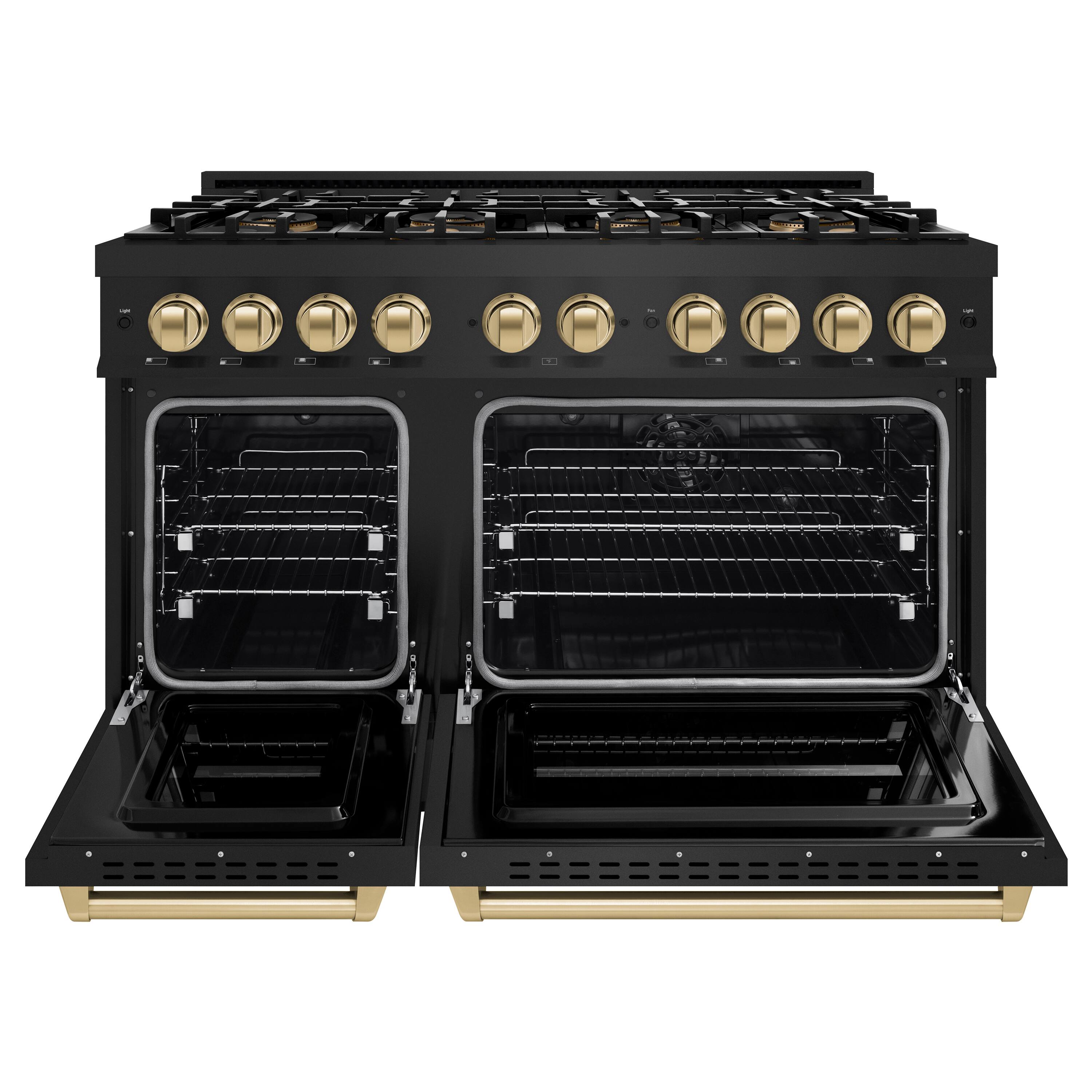 Angle. ZLINE - Autograph 48 in. 6.7 cu. ft. Classic Freestanding Black Stainless Dual Fuel Range w/ 8 DuoPro Burners & Bronze Accents - Black Stainless Steel.