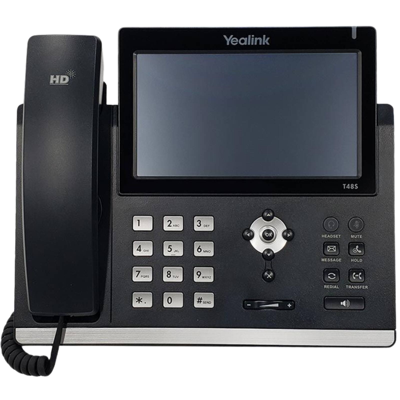 Yealink HD T48S

1 2 ABC 3 DEP OK HEADSET MUTE 4 One 5 L 6 MNO MESSAGE HOLD 7 PORS 8 YUV 9 WXYZ * 0 uN SEND

C-C REDIAL TRANSFER