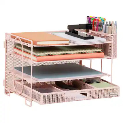 Front. Mind Reader - Mesh Desk Organizer, 3 Trays, 1 Drawer, 2 Pen Holders, Office Desktop Organizer, Metal Mesh - Pink.
