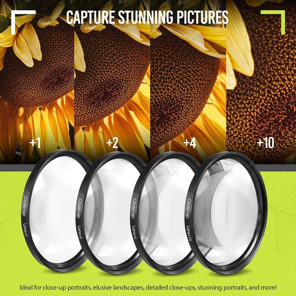 CAPTURE STUNNING PICTURES

+1 Close-up Lens+1  
+2 Close-up Lens+2  
+4 Close-up Lens+4  
+10 Close-up Lens+10  

Ideal for close-up portraits, elusive landscapes, detailed close-ups, stunning portraits, and more!