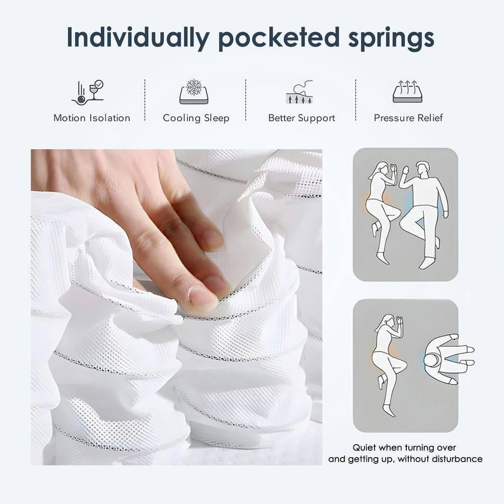 Individually pocketed springs

- Motion Isolation
- Cooling Sleep
- Better Support
- Pressure Relief

Quiet when turning over and getting up, without disturbance