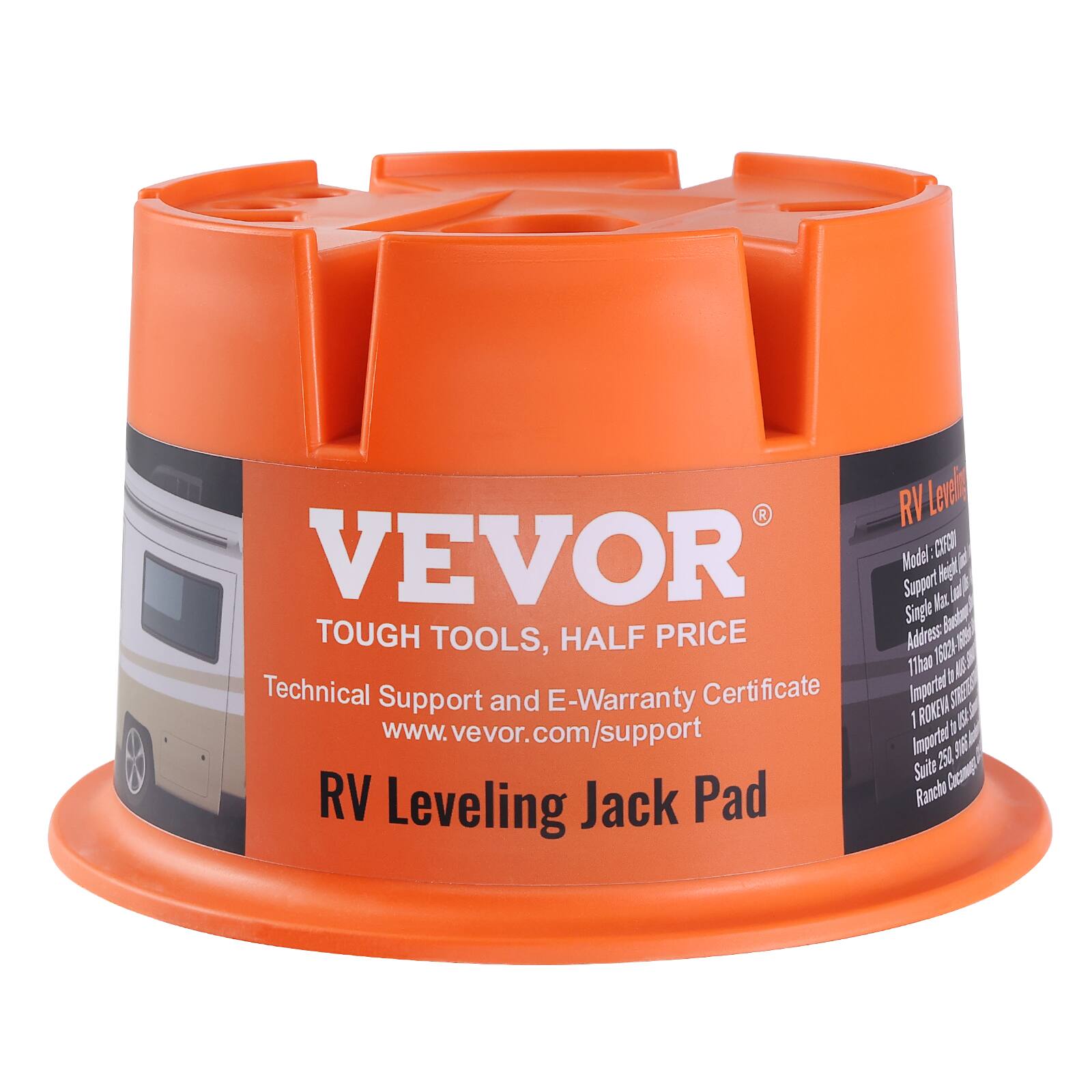 RV Levelle CIFCO VEVOR  
Model: Support Max Height Load Single  
frashang TOUGH TOOLS, HALF PRICE  
Address 16024- 11han RUSS  
Technical Support and E-Warranty Certificate  
Imported RONEVA STREETS  
www.vevor.com/support  
Imported 1 10.052 to Suite 250 Concamea  
RV Leveling Jack Pad Ranche