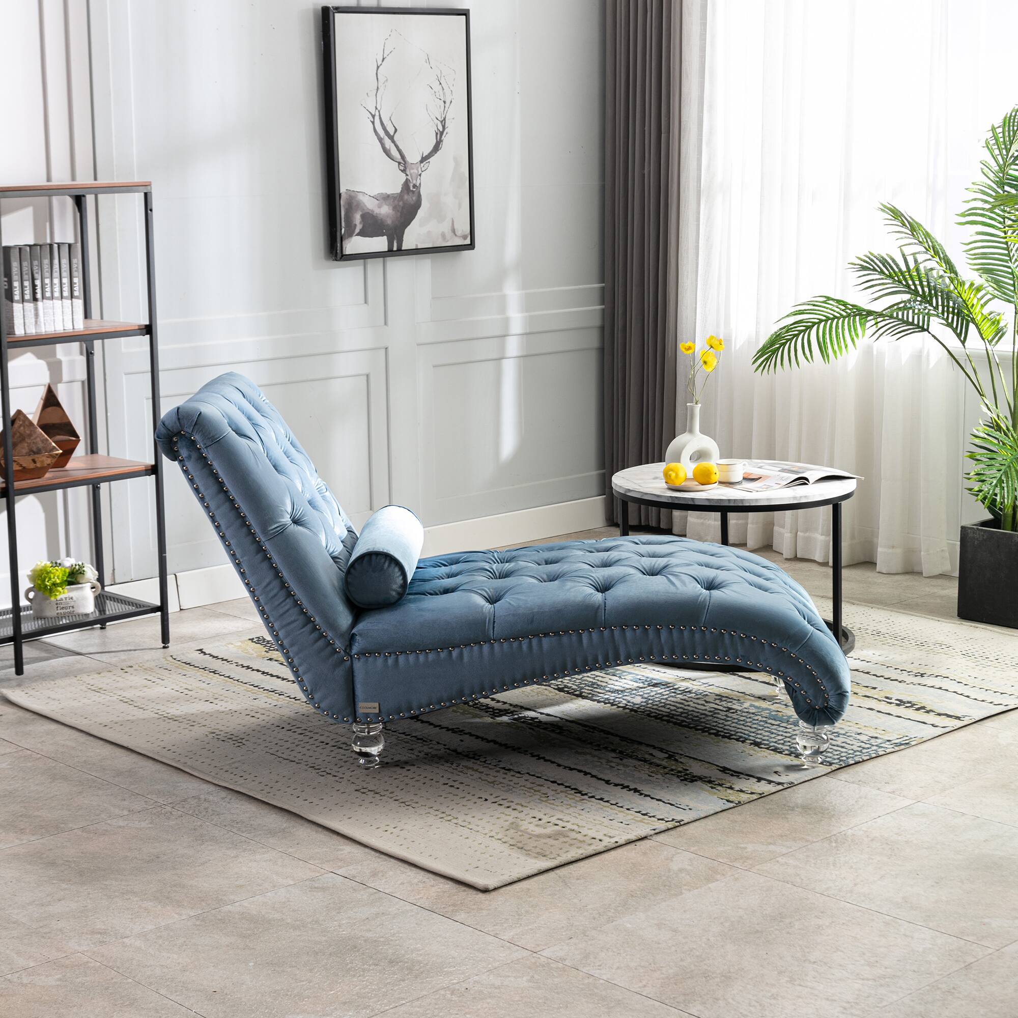 Left. Trinkets Crazed - Velvet Indoor Chaise Lounge Chair with Toss Pillow, Upholstered Modern Tufted Button Lounge Chair with Acrylic Legs - Light Blue.