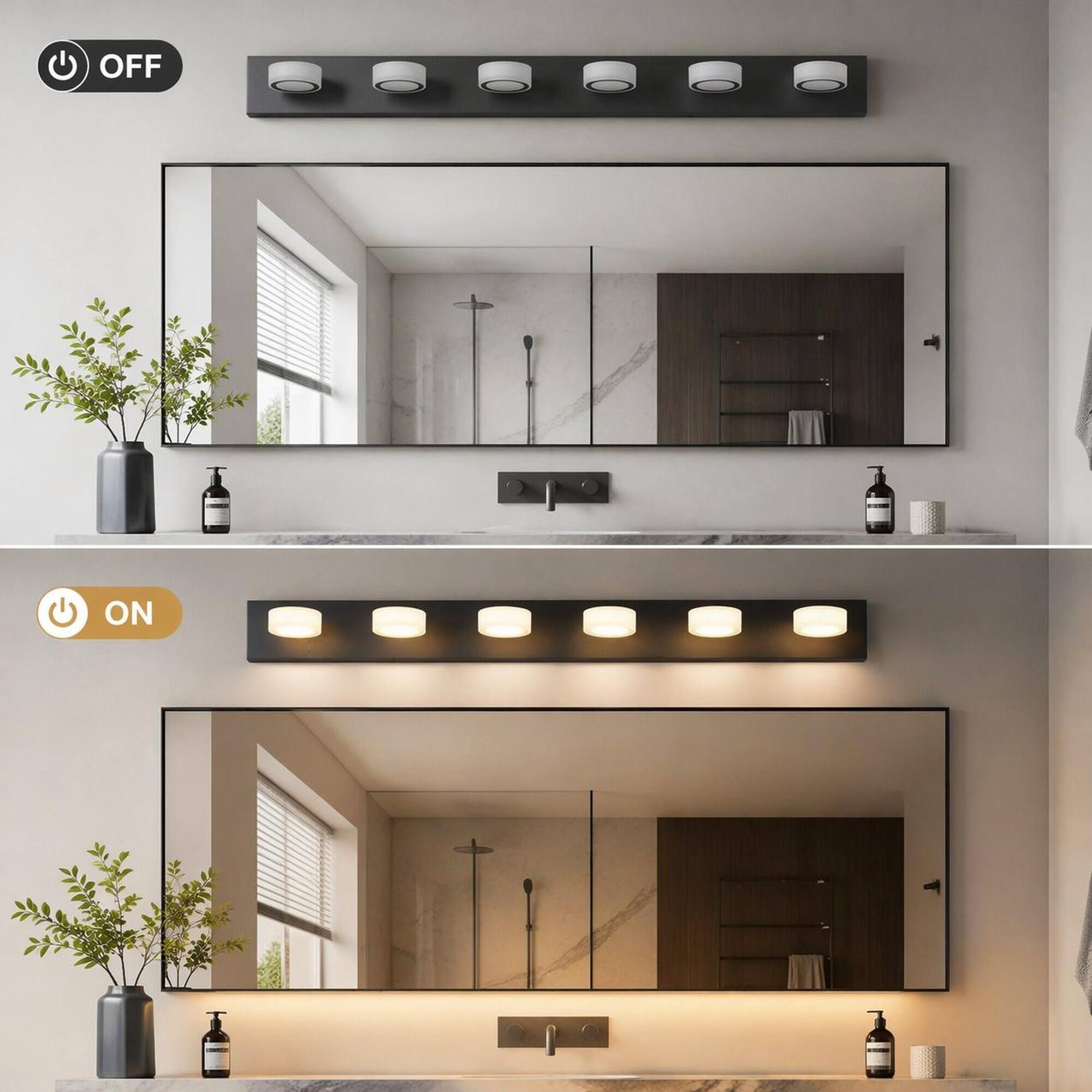 Alt View 1. RYHNUYNE - 45" LED Bathroom Vanity Light,6‑Light Modern Wall Lighting Fixture with Round Acrylic Shade for Bathroom - Black.