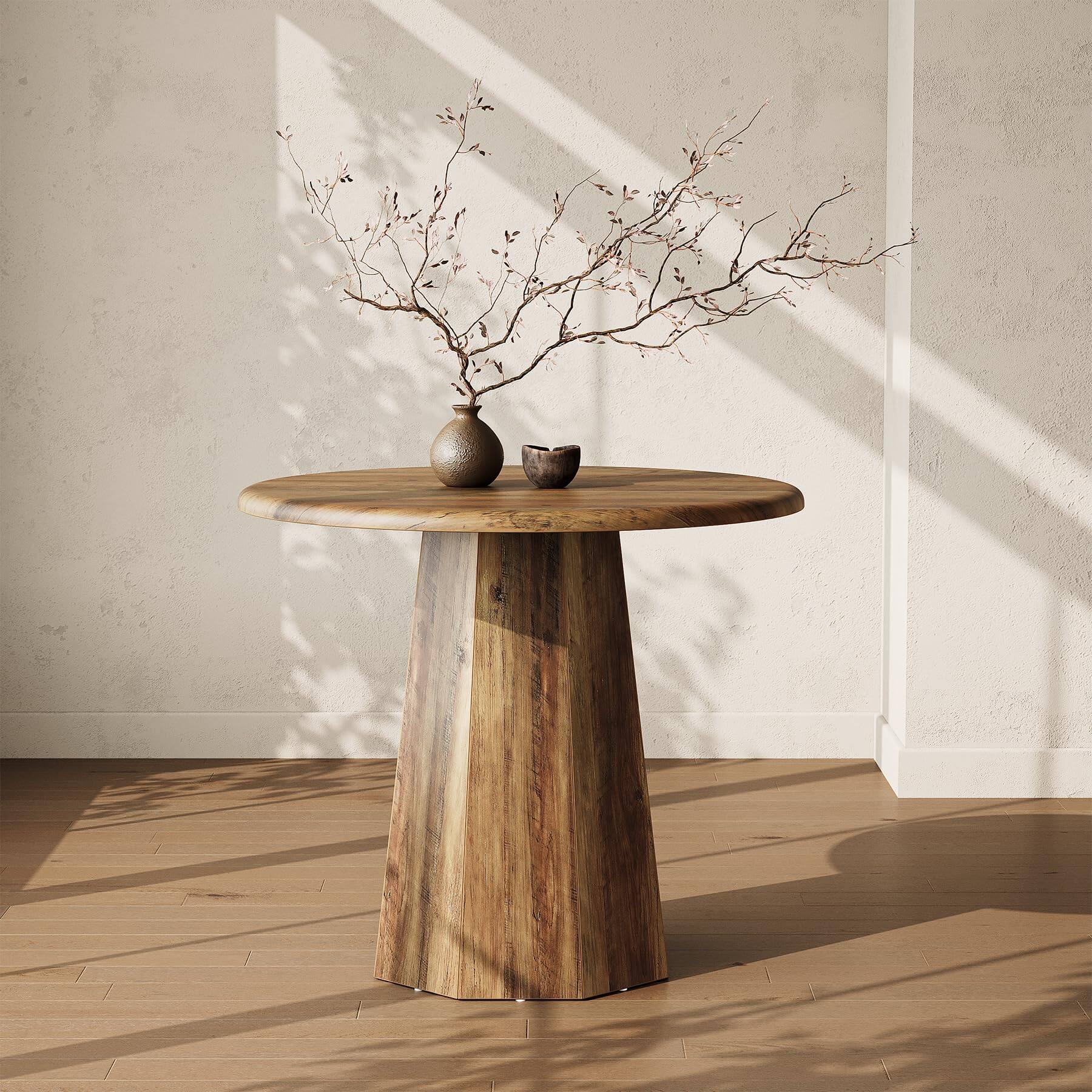 Left. Tribesigns - LITTLE TREE 31.5" Round Dining Table for 4, Wood Kitchen Table with Wooden Tabletop and Octagonal Base for Dining Room, - Deep Brown.