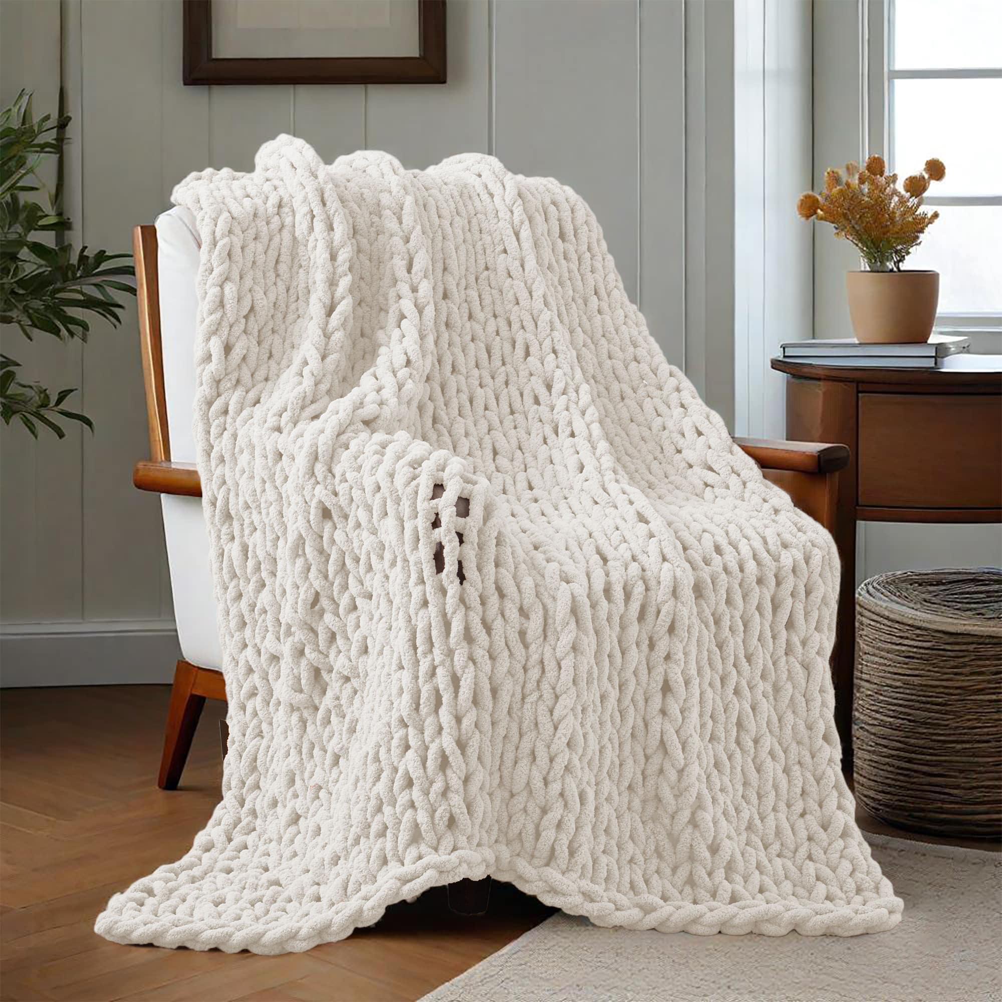 Peace Nest - Handmade Chunky Knit Chenille Yarn Throw Blanket 50"x60" - White