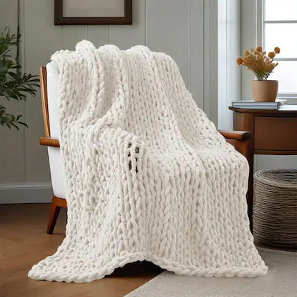 Front. Peace Nest - Peace Nest Handmade Chunky Knit Chenille Yarn Throw Blanket 50"x60", White - White.