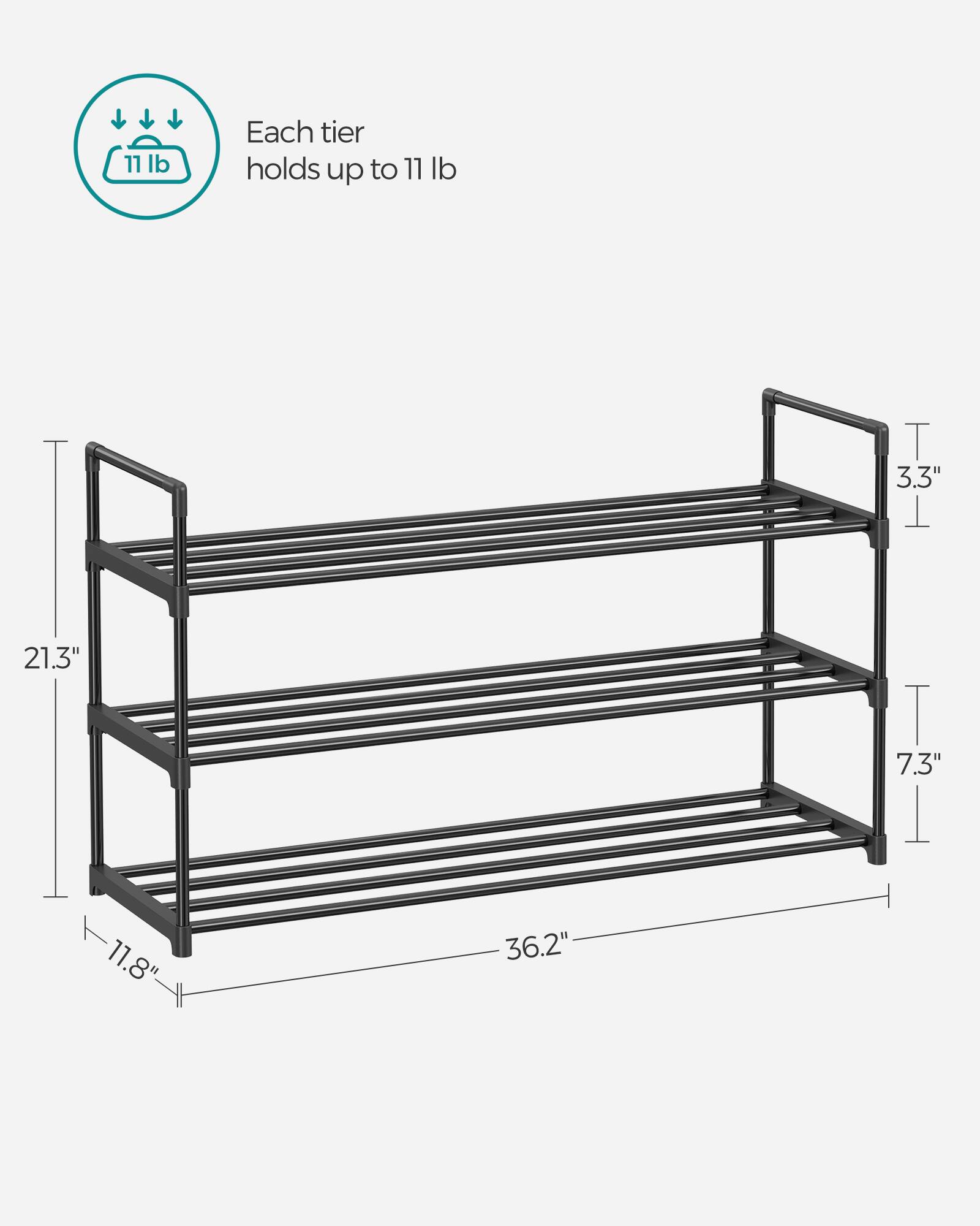 Each tier holds up to 11 lb

3.3" | 7.3" | 11.8" | 21.3" | 36.2"