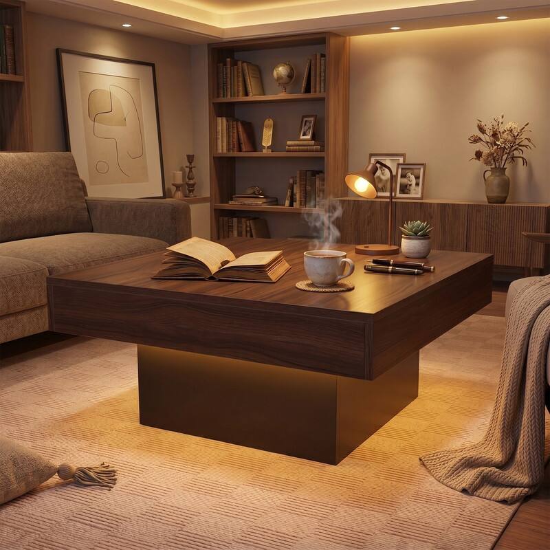 Angle. WELLFOR - 35.5" Square Coffee Table with LED Lights and Dynamic Modes, Modern Thick Tabletop Wooden Center Table - Rustic Brown.