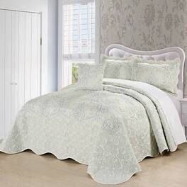 Hivvago - Queen size Damask Embroidered 4 Piece Oversized Bedspread Set - Antique White
