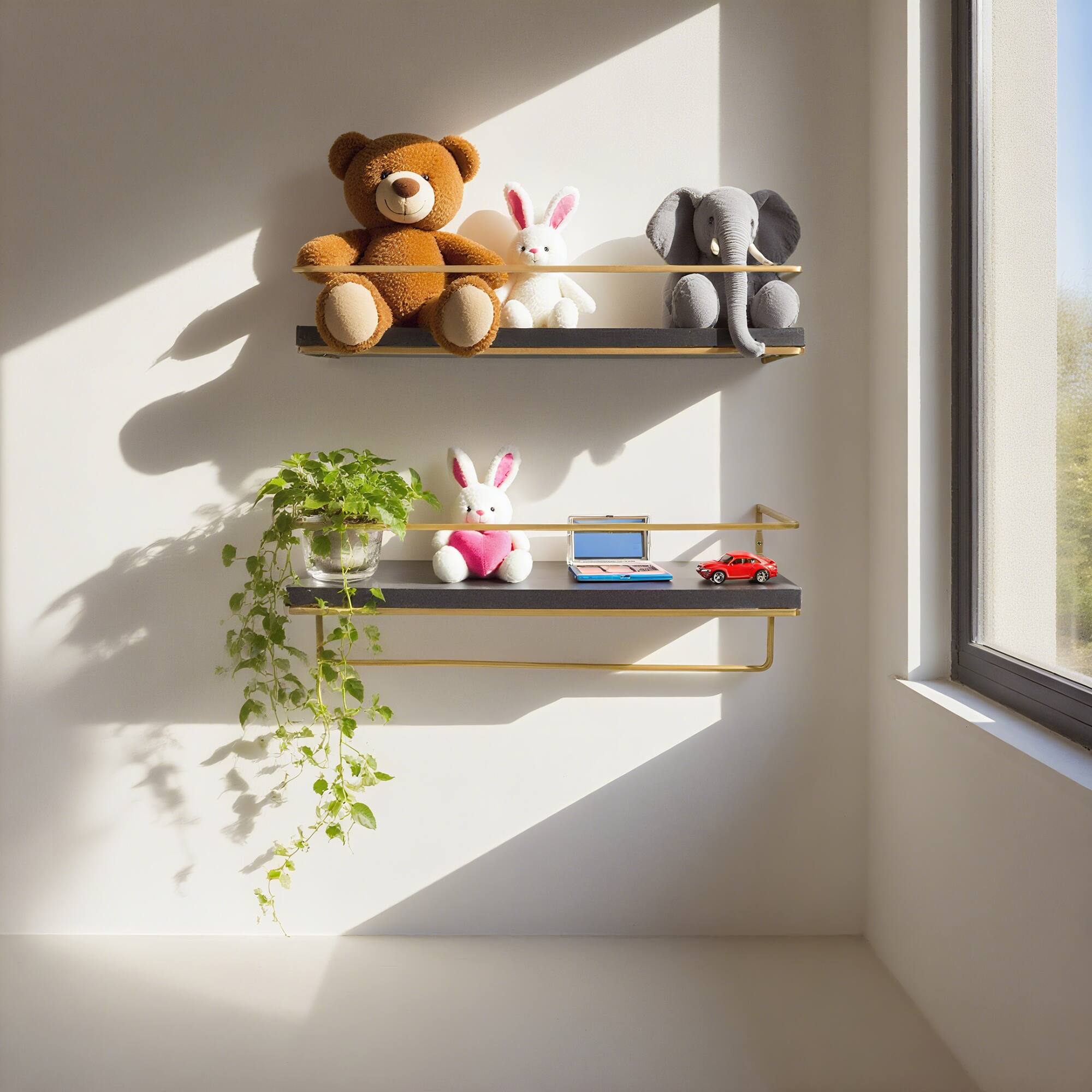 Left. Dazzed Corner - Floating Shelves - Set of 2, Wall Mounted Hanging Shelves with Golden Towel Rack. - Black.