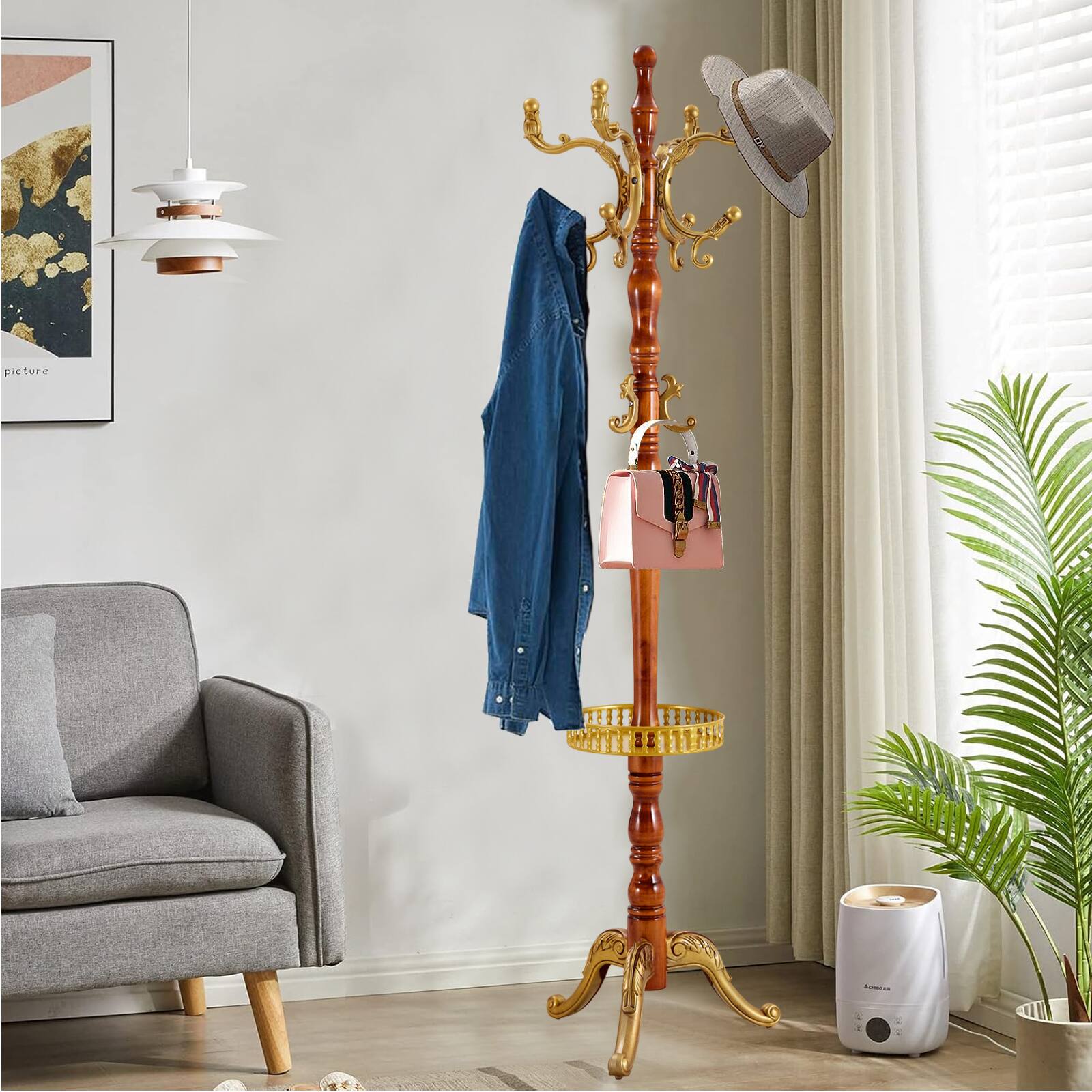 Alt View 4. Chateau Abodes - Solid Wood Coat Rack, Free Standing Hall Coat Tree with 11Hooks, 2 Height Options, 270lbs Load, Stury Base - Begonia.