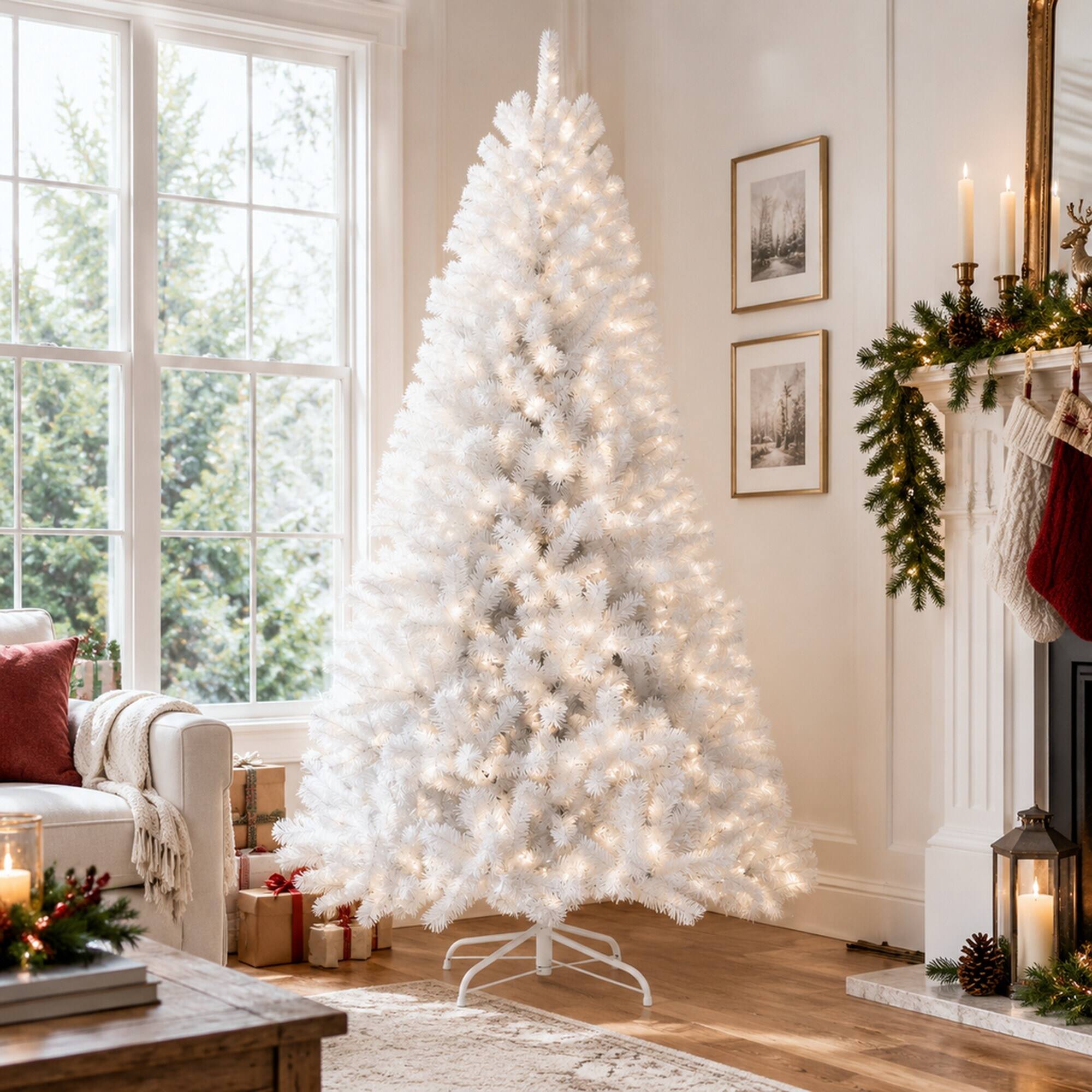 Back. RYHNUYNE - 9 Ft Unlit White Artificial Christmas Tree With 2132 Branch Tips, Auto Open Steel Base Hinged Holiday Decor - White.