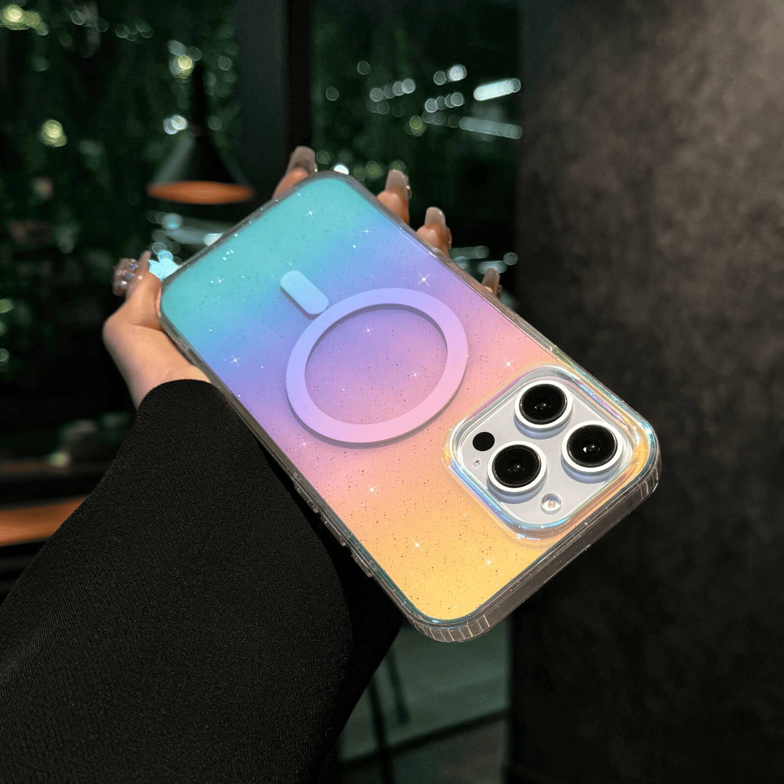 Angle. UUCOVER - For Apple iPhone 16 Pro Max Glitter Magnetic Case, Compatible with Magsafe, Colorful Gradient Bling Transparent Cover - C.