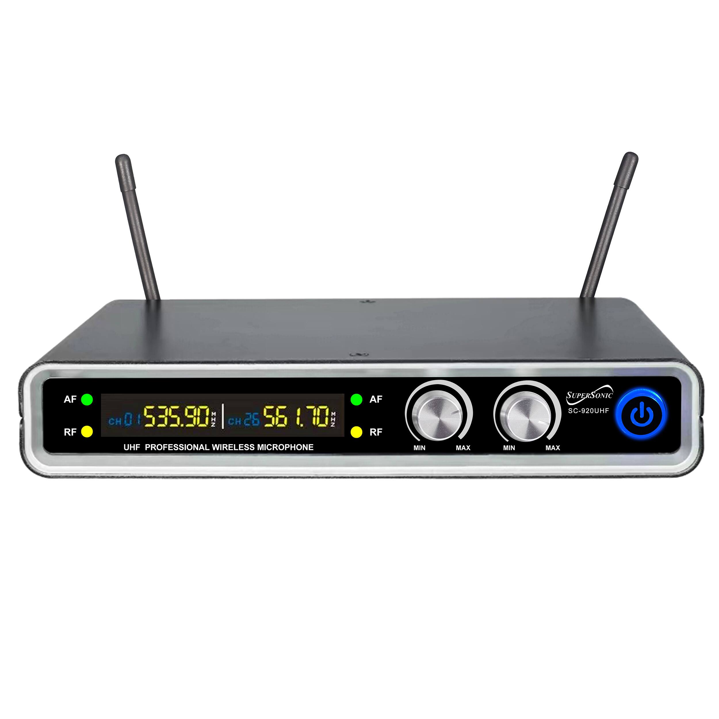 AF RF  
CH 0 0 | 535.90  
IIN CH 26 56 1.10  
BEN  
AF RF  
SUPERSONIC SC-920UHF  
UHF PROFESSIONAL WIRELESS MICROPHONE  
MIN MAX MIN MAX