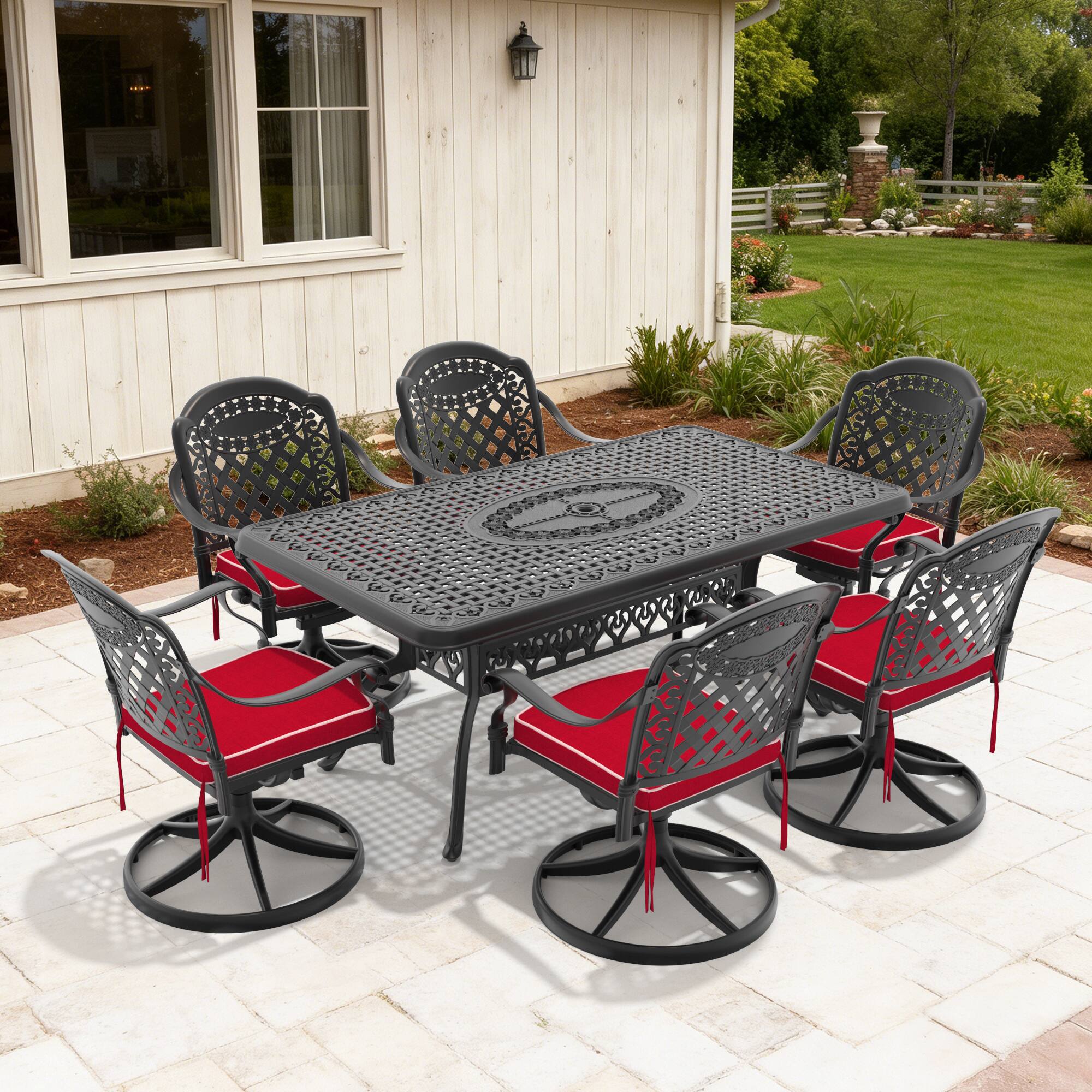 Left. Anysun - 7-Piece All-Weather Cast Aluminum Dining Set with 6 Swivel Chairs & Rectangular Table, Black Frame - Black.