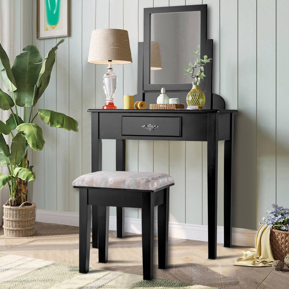 Alt View 1. Costway - Costway Makeup Desk Vanity Dressing Table Square Stool 1 Large - Black.