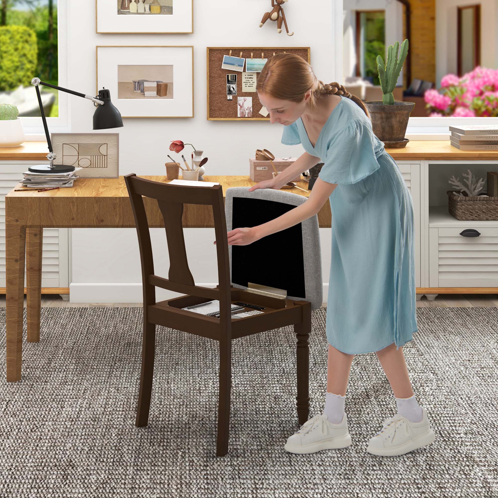 Alt View 3. Costway - Costway 2 PCS Wood Chair Antique Upholstered Chair with Storage Space - Brown+Light Gray.