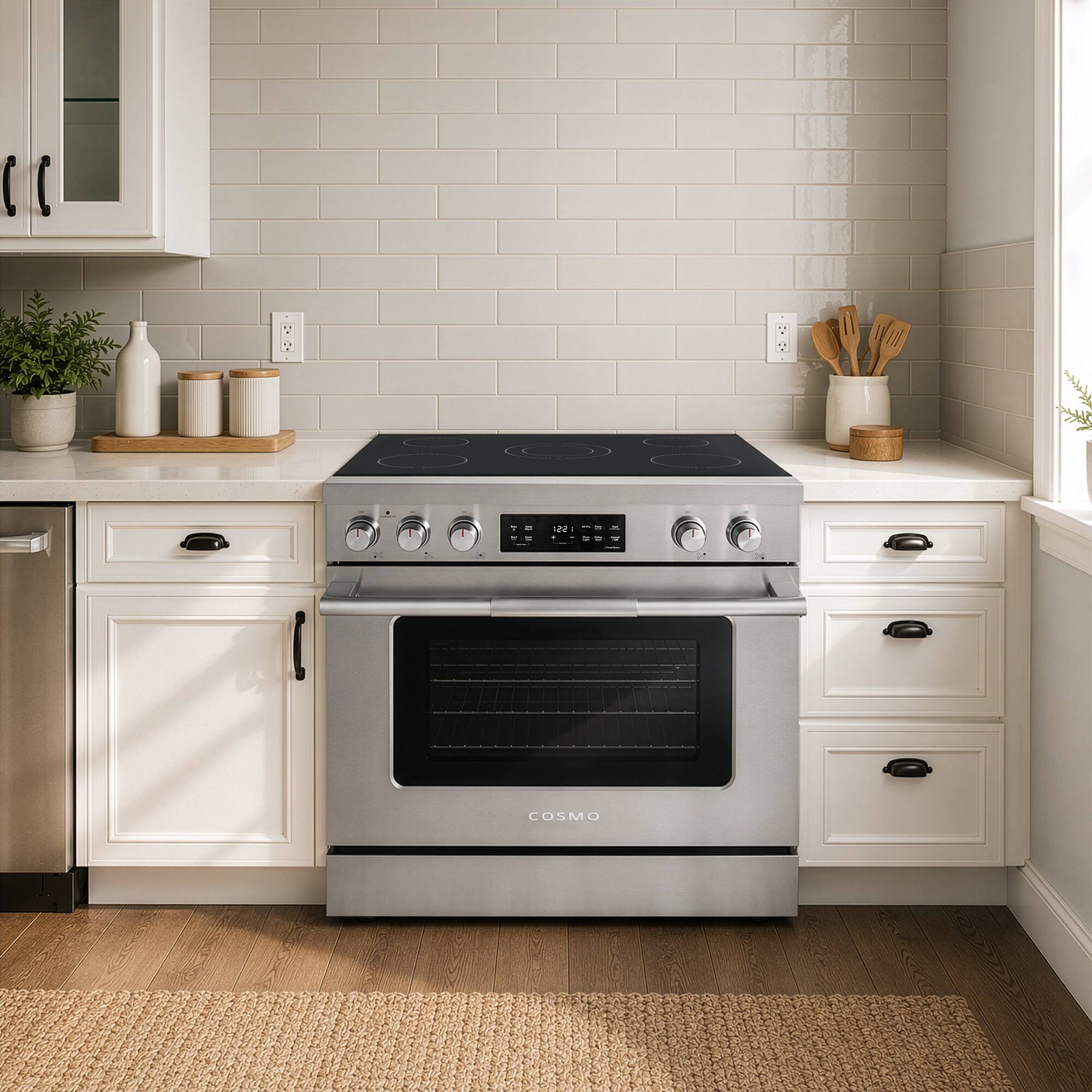 Angle. COSMO - COS-RES365SS 36 in. Stellar Collection 6.1 cu. ft. Electric Range, 5 Burner Ceramic Glass Cooktop, Convection Oven - Stainless Steel.