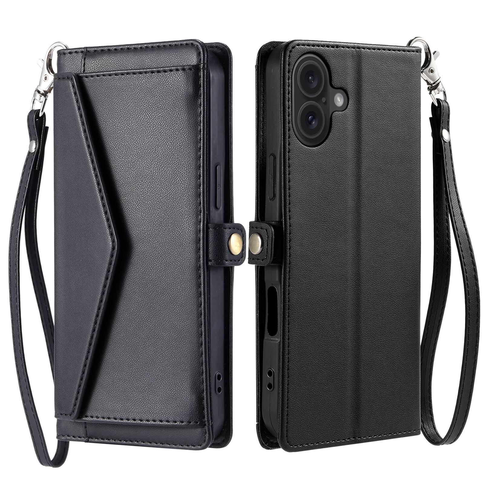 Alt View 5. Dteck - Foilo Wallet Case for Apple iPhone 17,Shockproof Card Holder PU Leather Magnetic Snap Phone Cover with Lanyard - Black.
