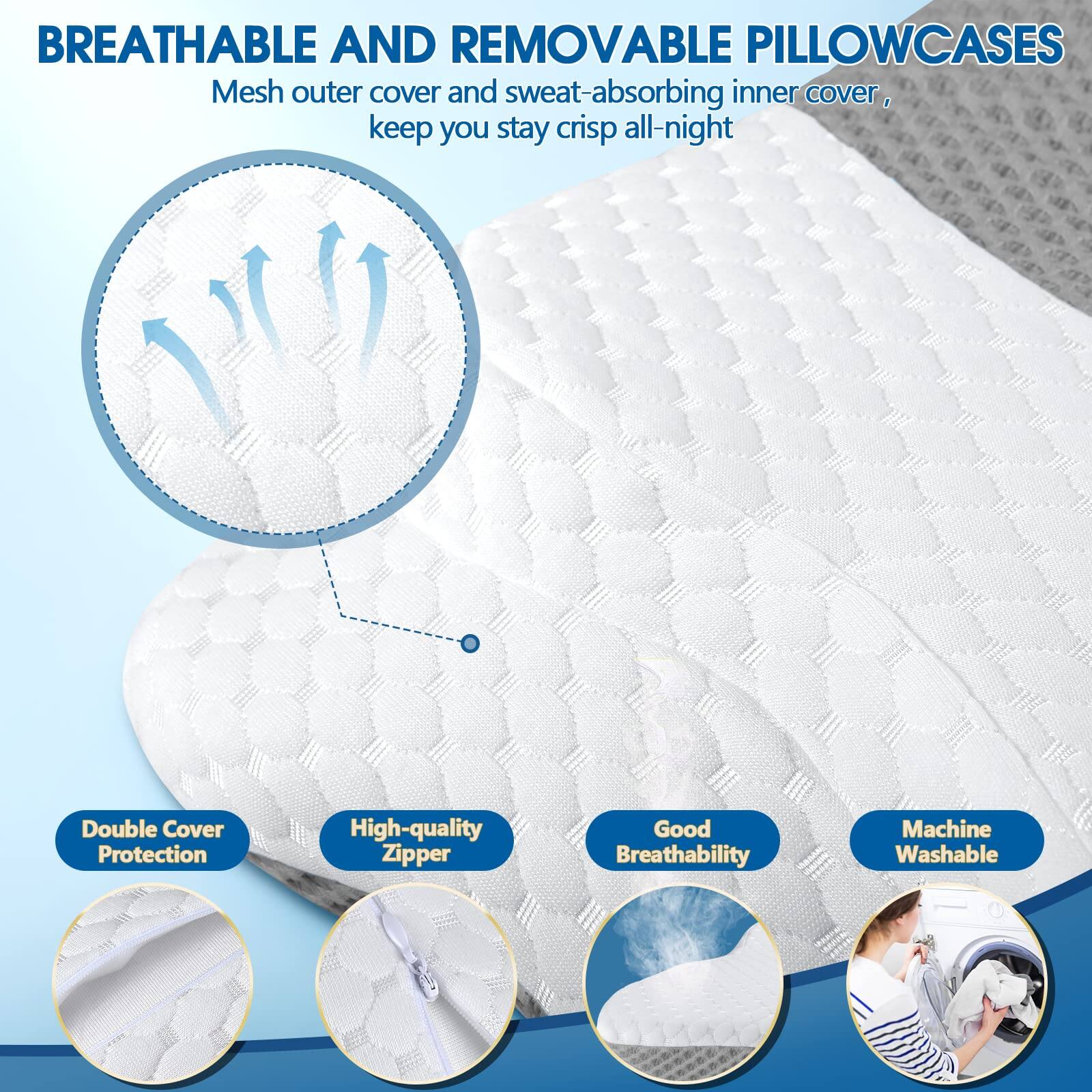 BREATHABLE AND REMOVABLE PILLOWCASES

Mesh outer cover and sweat-absorbing inner cover, keep you stay crisp all-night

- Double Cover Protection
- High-quality Zipper
- Good Breathability
- Machine Washable