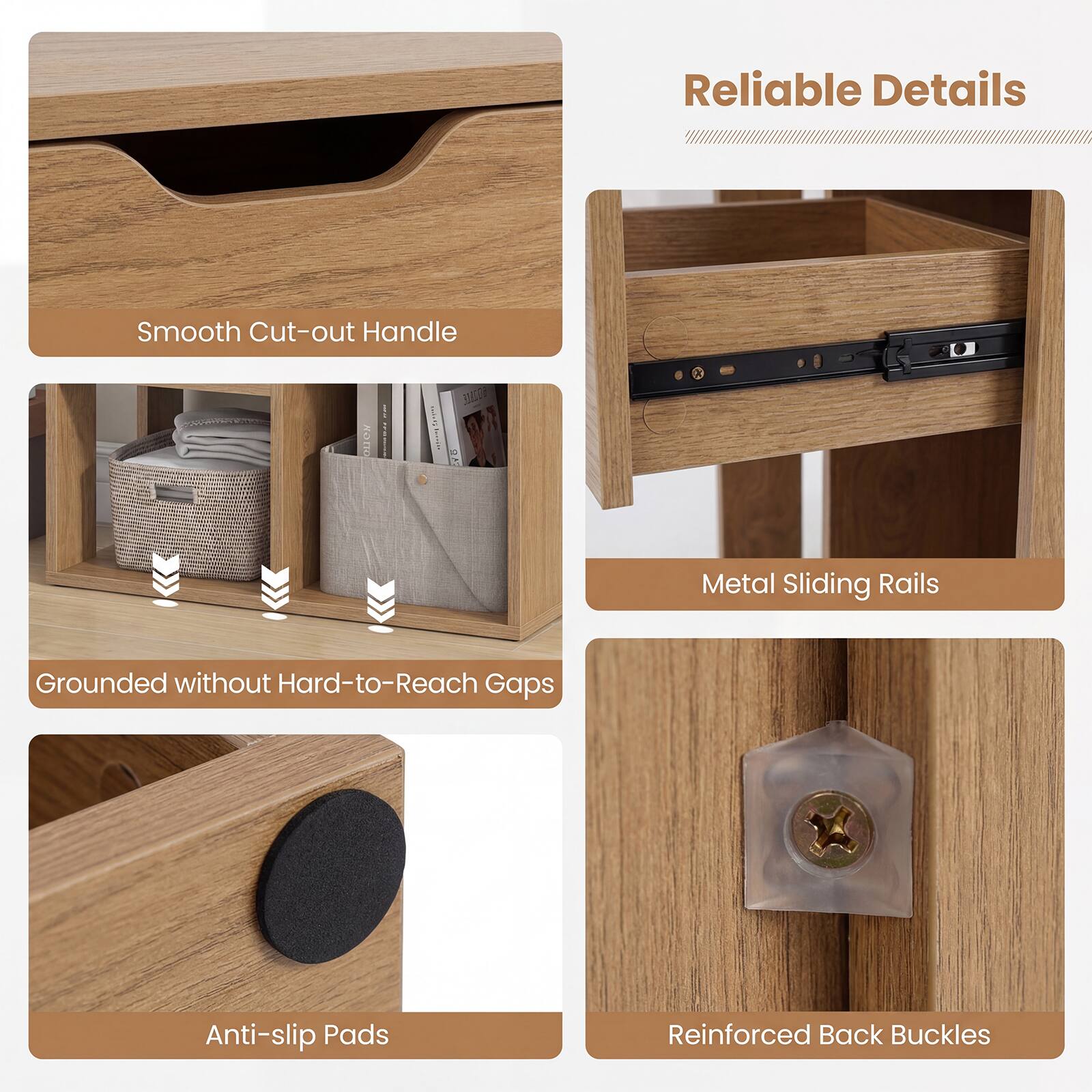 Reliable Details

- Smooth Cut-out Handle
- Metal Sliding Rails
- Grounded without Hard-to-Reach Gaps
- Anti-slip Pads
- Reinforced Back Buckles