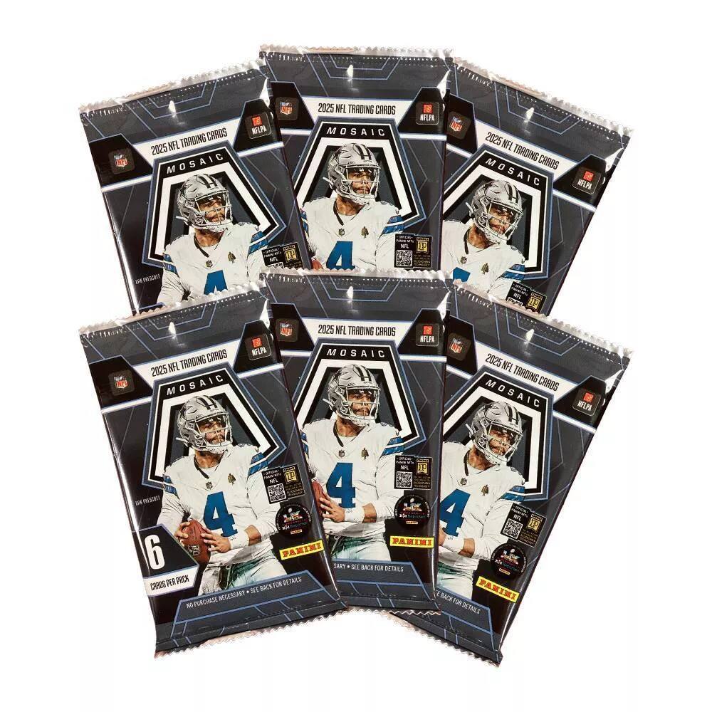 2025 NFL Trading Cards  
Mosaic  
6 Cards Per Pack  
No Purchase Necessary  
See Back for Details  
Panini  
2025 NFL Trading Cards  
Mosaic  
6 Cards Per Pack  
No Purchase Necessary  
See Back for Details  
Panini  
2025 NFL Trading Cards  
Mosaic  
6 Cards Per Pack  
No Purchase Necessary  
See Back for Details  
Panini  
2025 NFL Trading Cards  
Mosaic  
6 Cards Per Pack  
No Purchase Necessary  
See Back for Details  
Panini