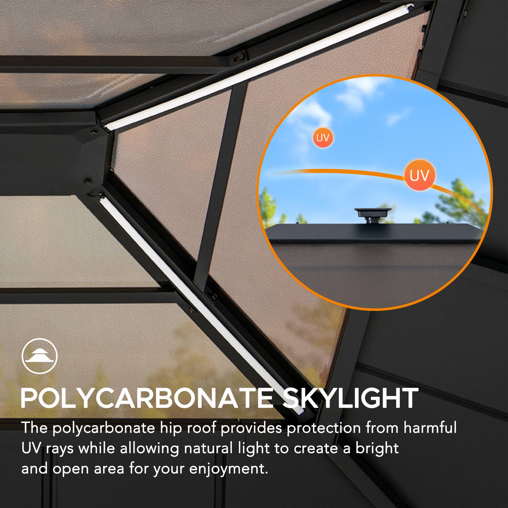 POLYCARBONATE SKYLIGHT

The polycarbonate hip roof provides protection from harmful UV rays while allowing natural light to create a bright and open area for your enjoyment.