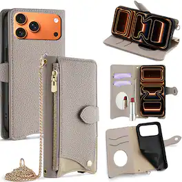 Dteck - Crossbody Wallet Case for Apple iPhone 17 Pro Max, Elegant Zipper PU Leather Folio Stand Cover, Built-in Mini Mirror - Gray