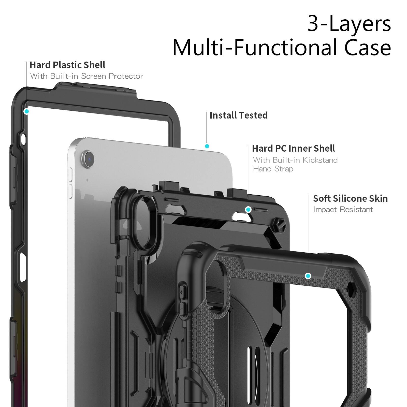 3-Layers Multi-Functional Case

- Hard Plastic Shell With Built-in Screen Protector
- Install Tested
- Hard PC Inner Shell With Built-in Kickstand Hand Strap
- Soft Silicone Skin Impact Resistant
