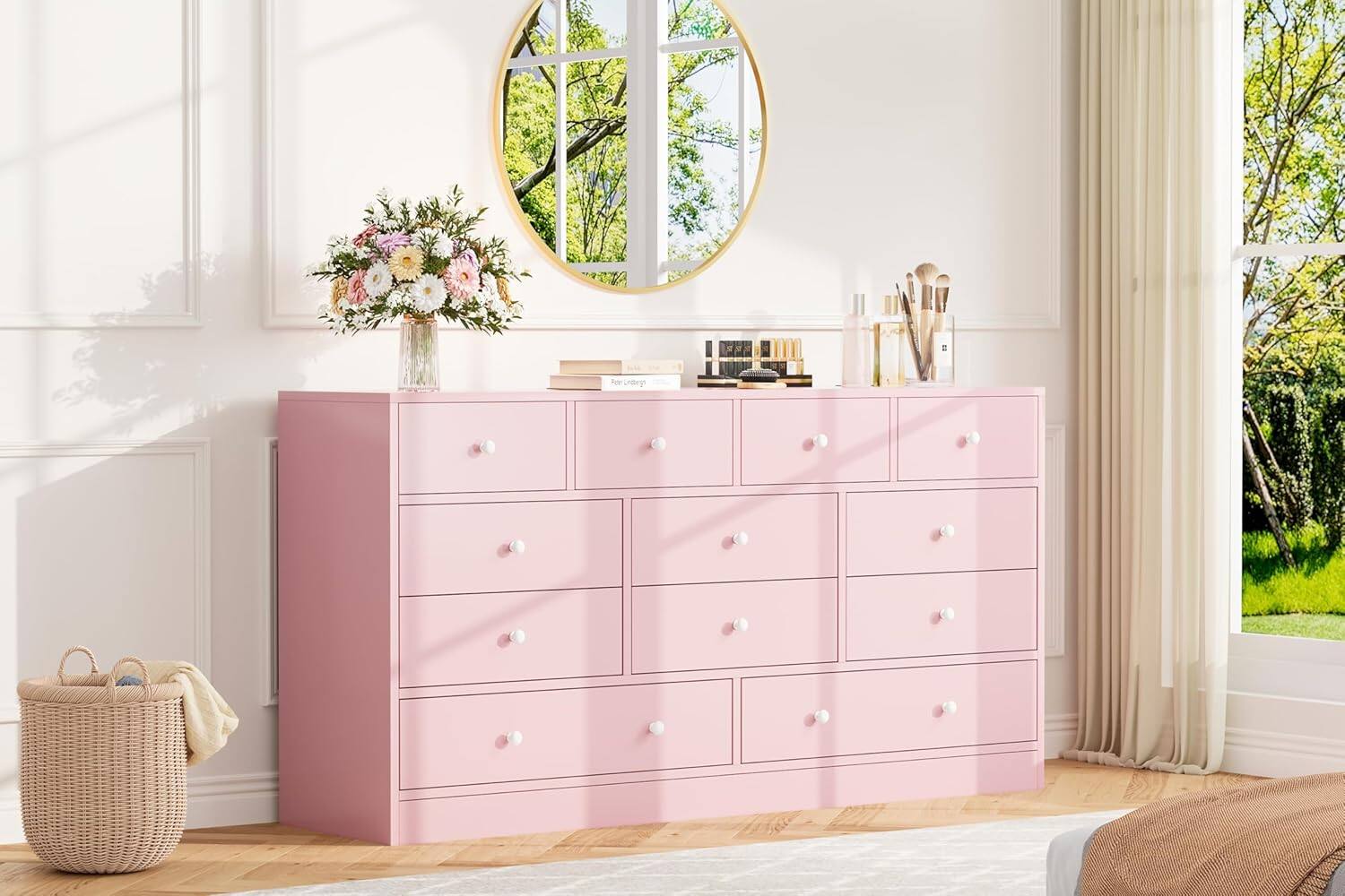Acekool - 12 Drawer Dresser for Bedroom, 61 in Long Modern Dresser TV Stand - Pink