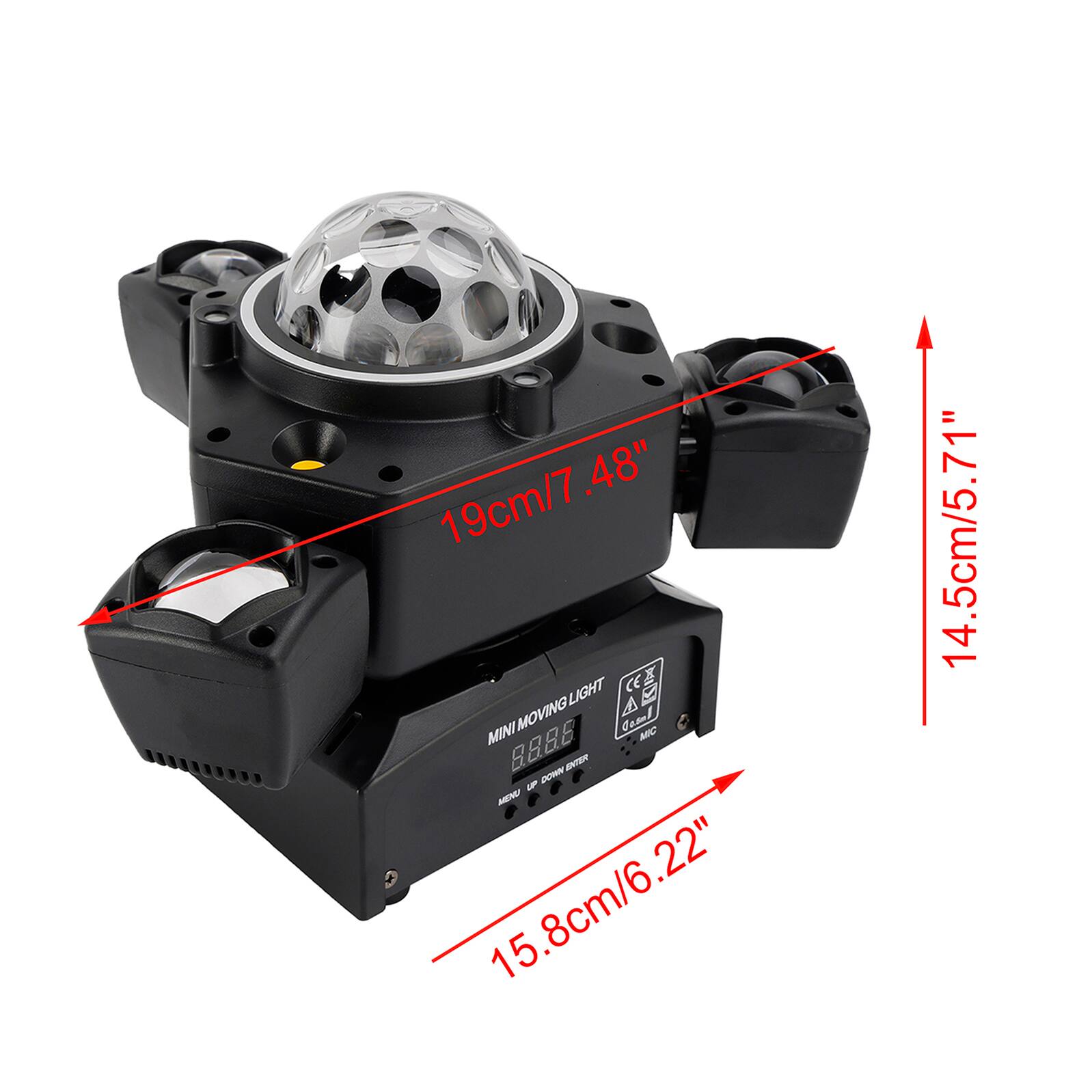 19cm/7.48"  
48" LIGHT CE  
MEME MINI MOVING LIGHT  
JASAL MIC 8886  
UP DOWN ENTER MENU  
15.8cm/6.22"  
14.5cm/5.71"