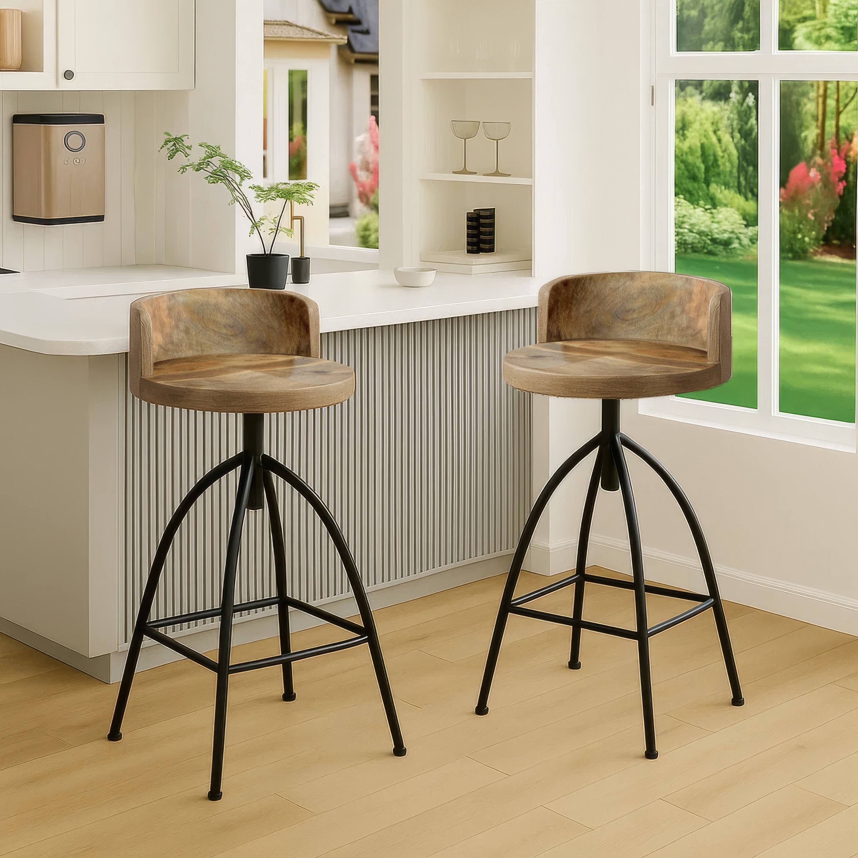 Alt View 8. Manhattan Lane - Pia 32-35 Extra Tall Adjustable Barstool, Natural Brown Mango Wood Seat, Iron Frame - Brown and Black.