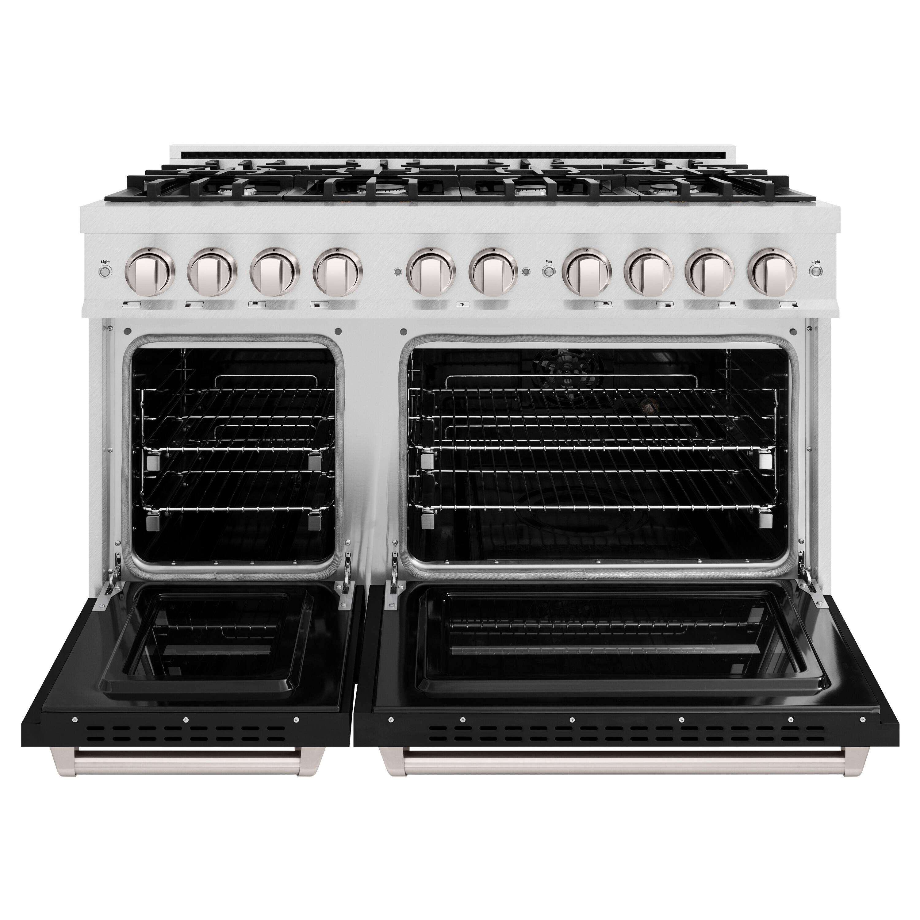 Left. ZLINE - ZLINE 48" 6.7 cu. ft. Freestanding Classic Dual Fuel Satin Steel Range w/ 8 Burner Cooktop & Black Matte Doors - Black Matte.