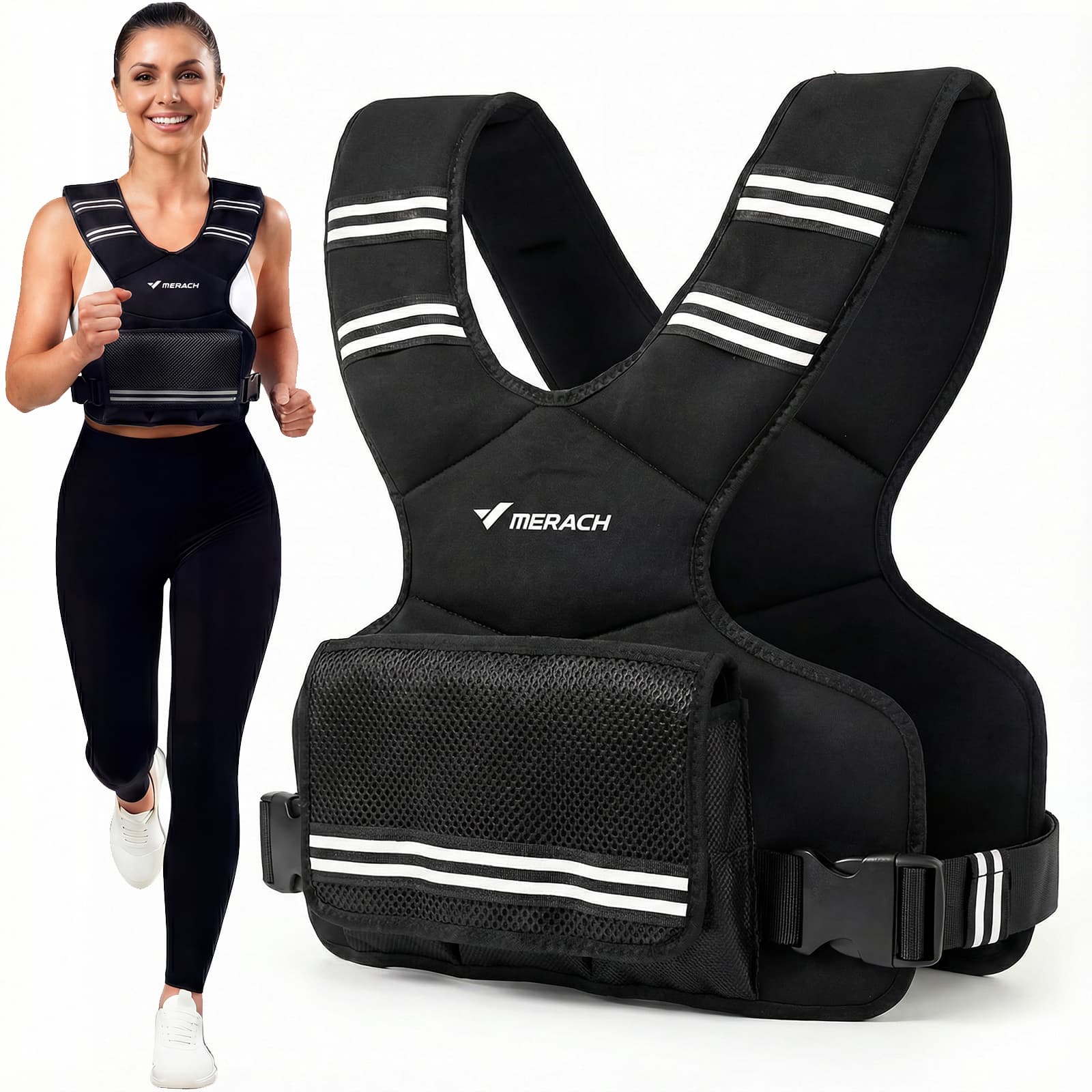 MERACH - Adjustable Weighted Vest, 4-10 lbs, Y-Shape Design, Reflective Strips, Phone Pocket, Adjustable Fit - Black
