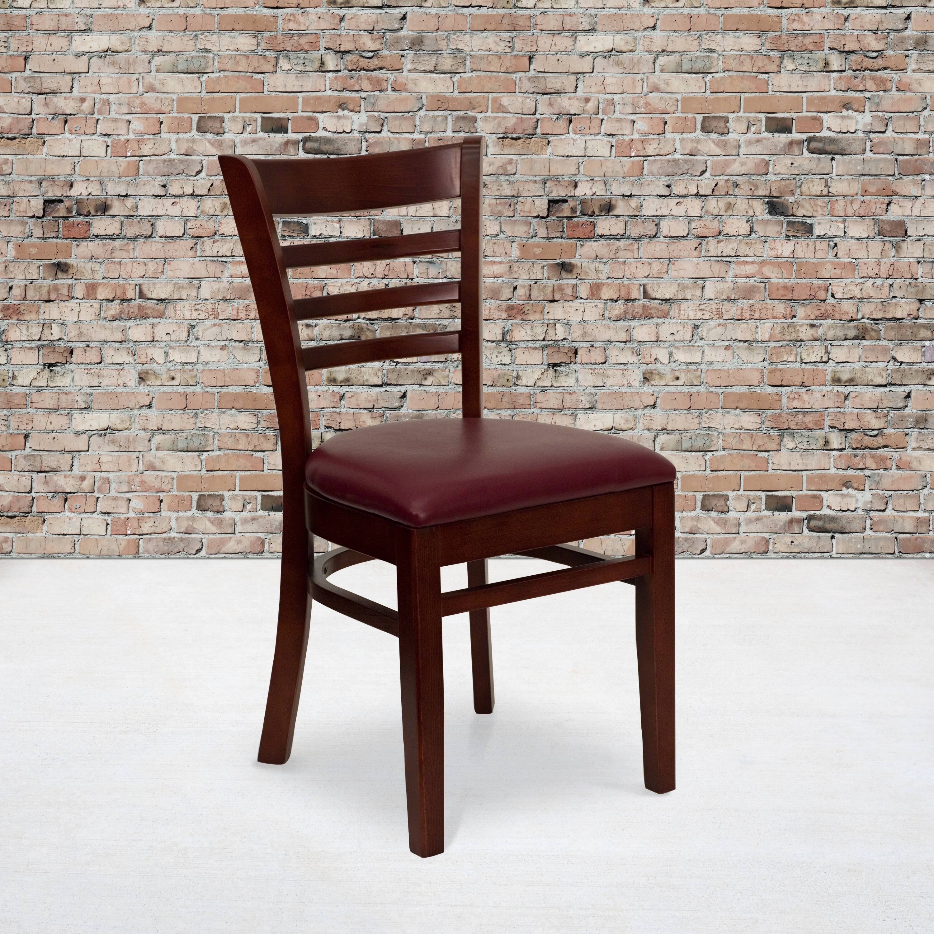 Alt View 2. Emma + Oliver - 2 Pack Ladder Back Wooden Restaurant Chair - Burgundy Vinyl Seat/Mahogany Wood Frame.