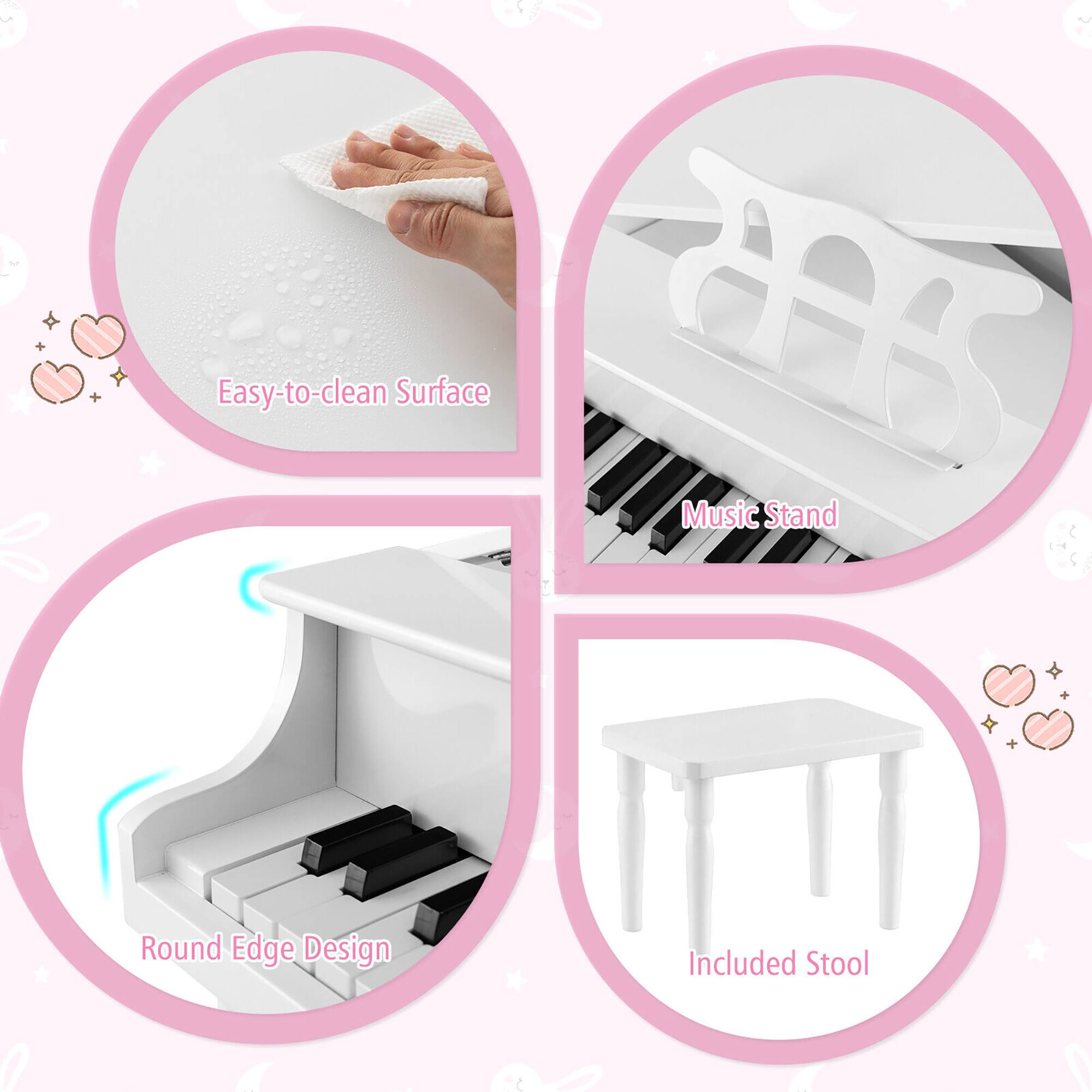 The image features a white piano with a cleaning cloth on it, and a music stand with a round edge design. The music stand is also accompanied by a stool.