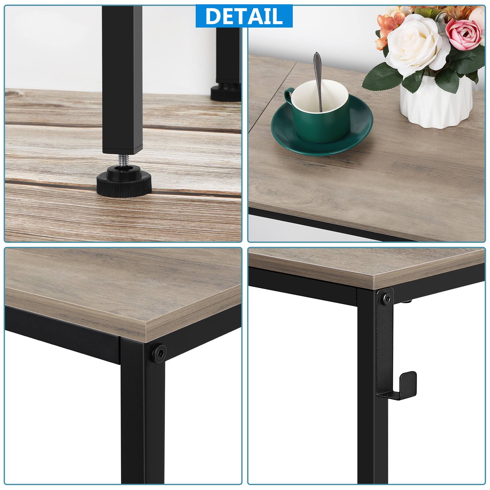 Left. Oumilen - Industrial Narrow Console Table, Rustic Oak Top Black Metal Frame Entryway Sofa Table with Side Hooks - Gray.