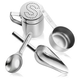 Olde Midway - 4pc Stainless Steel Popcorn Machine Set w Salt Shaker - Scoop - Spoons - Silver