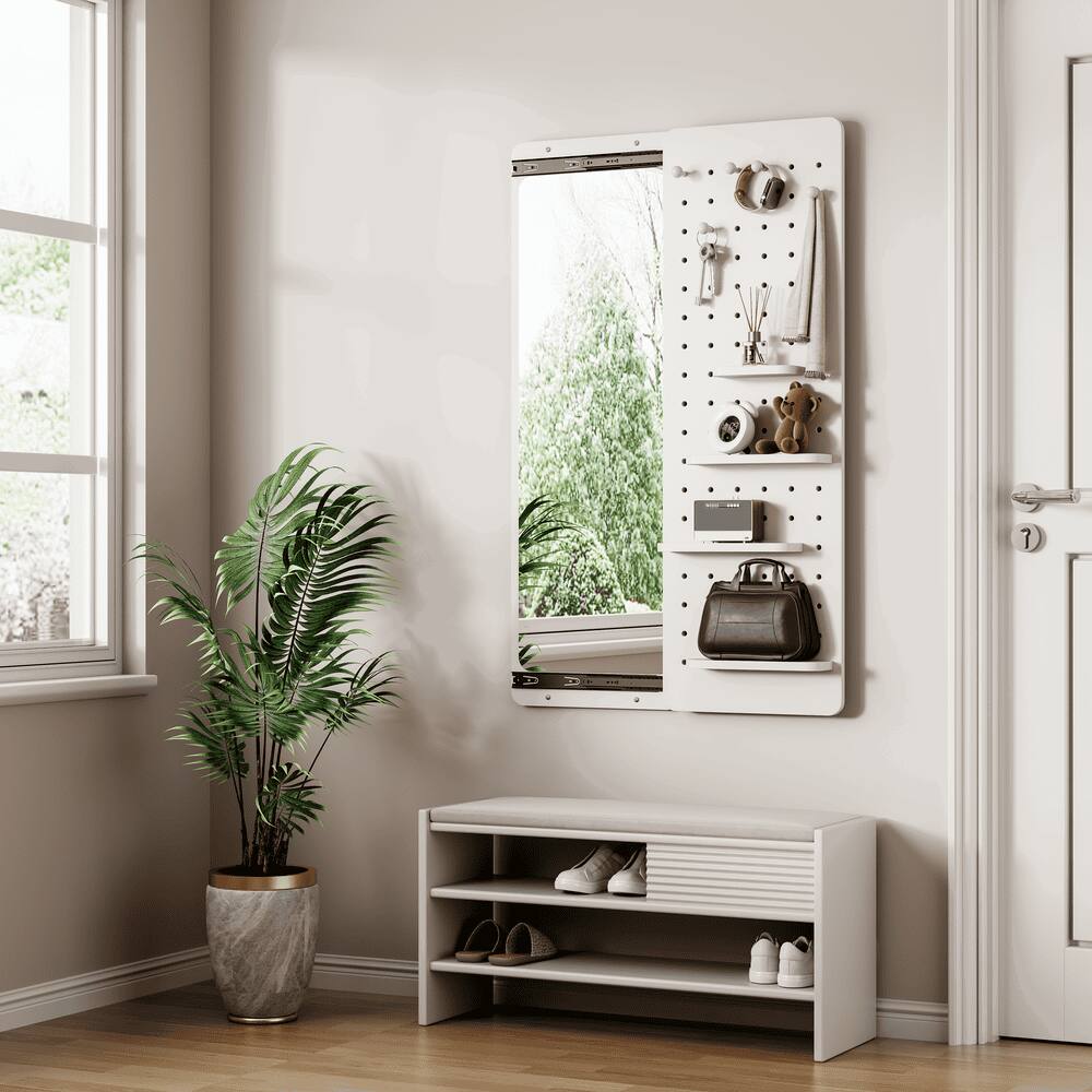 Angle. Kadyn - 47.6"x15.7" Wall-Mounted Full Length Mirror with Shelf & Hook, Practical Decor for Bedroom/Living Room/Entrance, White.