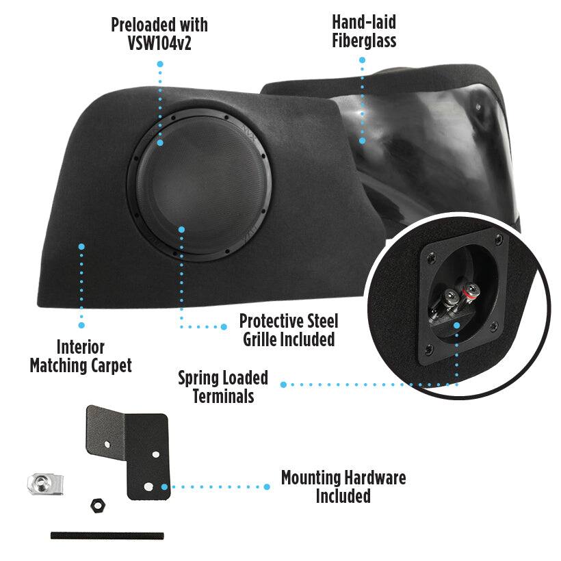 Preloaded with VSW104v2  
Hand-laid Fiberglass  
Interior Matching Carpet  
Protective Steel Grille Included  
Spring Loaded Terminals  
Mounting Hardware Included