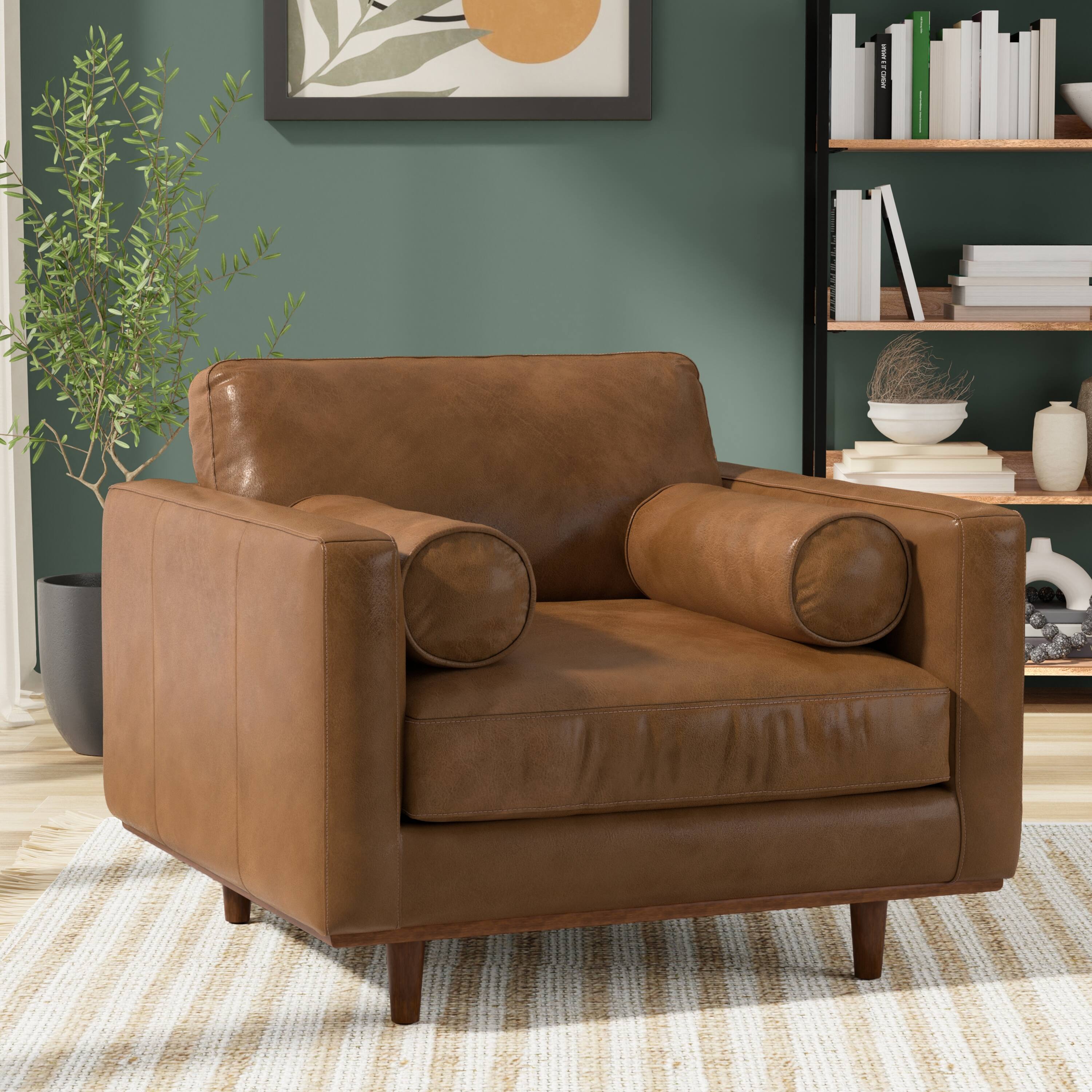 Angle. Simpli Home - Morrison 42 inch Wide Mid-Century Modern Arm Chair in Caramel Brown Genuine Leather - Caramel Brown.