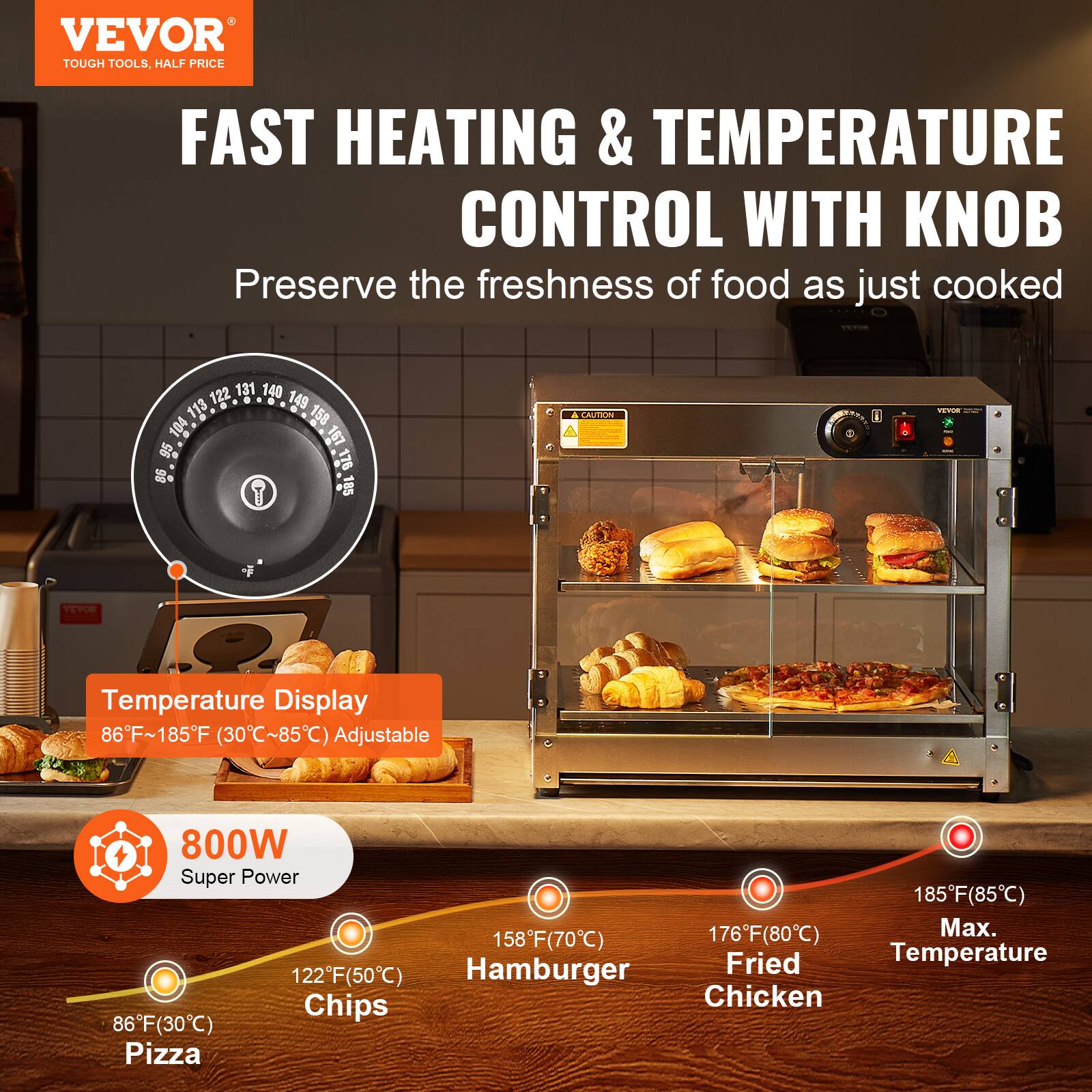 VEVOR TOUGH TOOLS, HALF PRICE

FAST HEATING & TEMPERATURE CONTROL WITH KNOB
Preserve the freshness of food as just cooked

122 131 140 113 149 104 158 95 167 86 176 185

CAUTION
KLYOR
VEVOR

Temperature Display 86F~185F (30C~85C) Adjustable

800W Super Power

122F(50C) Chips
86F(30C) Pizza
158F(70C) Hamburger
176F(80C) Fried Chicken
185F(85C) Max. Temperature