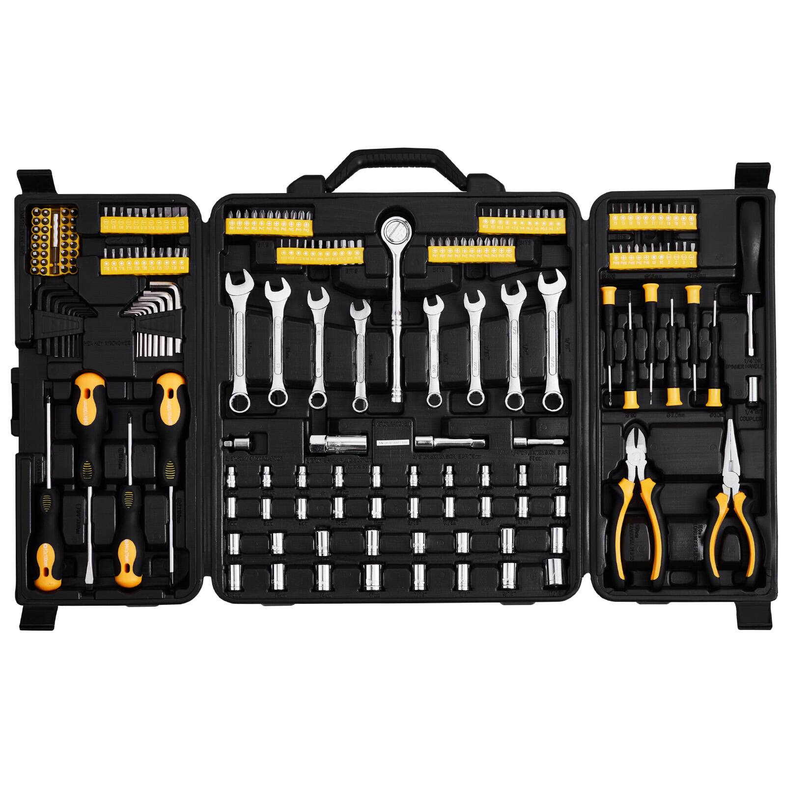 Back. LOVMOR - 221 Piece Mechanics Tool Set 1 4 and 3 8 Drive Sockets with SAE and Metric Size Specifications.