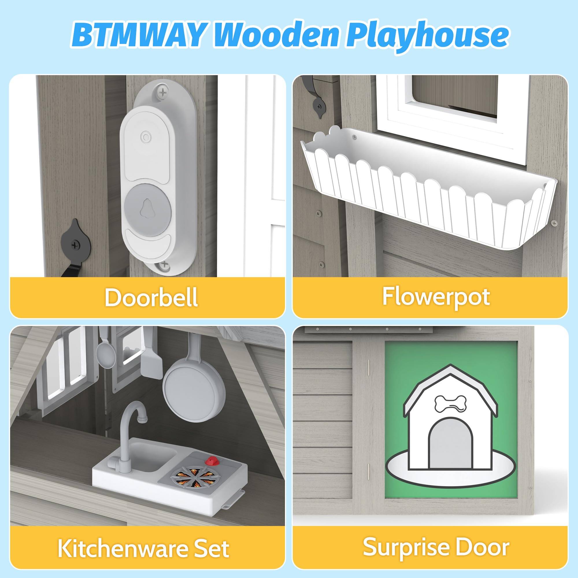 BTMWAY Wooden Playhouse Doorbell Flowerpot Kitchenware Set Surprise Door