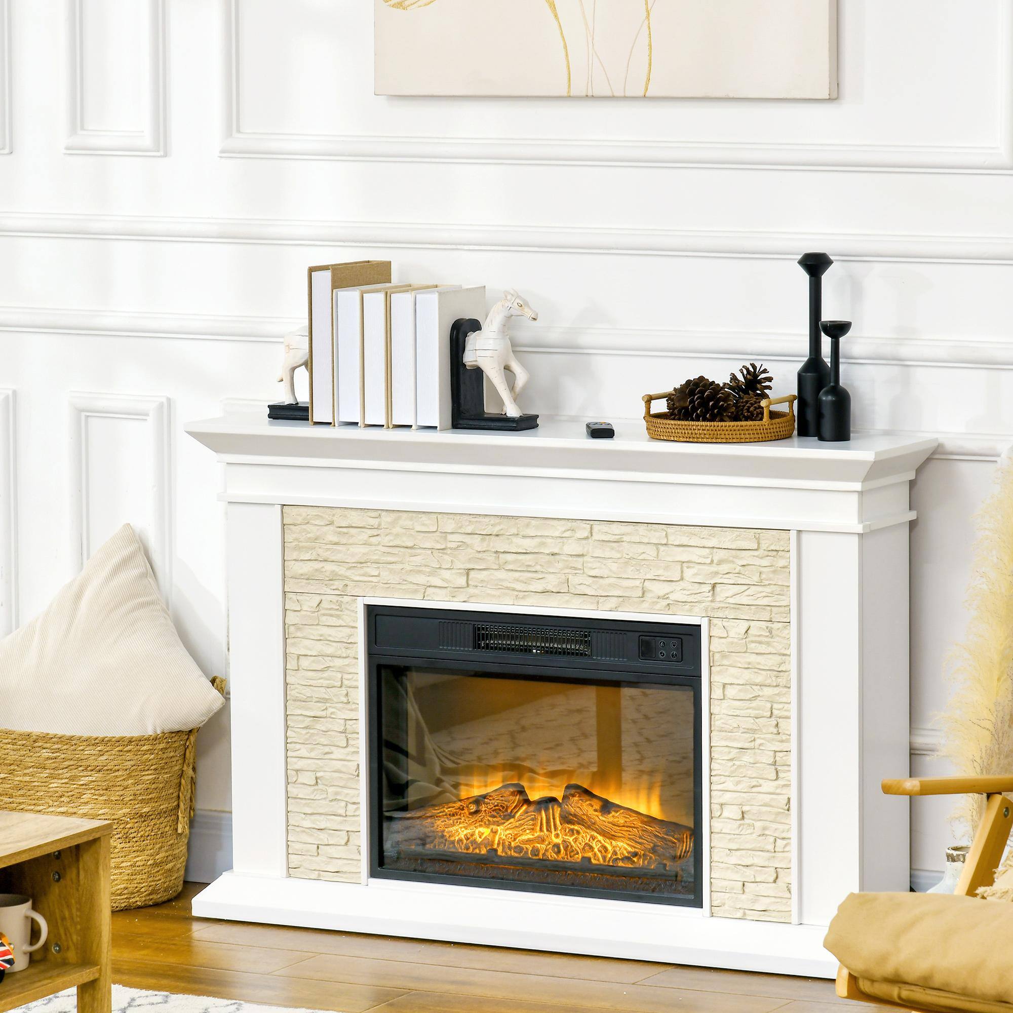 Alt View 4. Resenkos - 31.5" Electric Fireplace with Mantel, 1400W Freestanding Fireplace Heater with Remote Control, White - White.