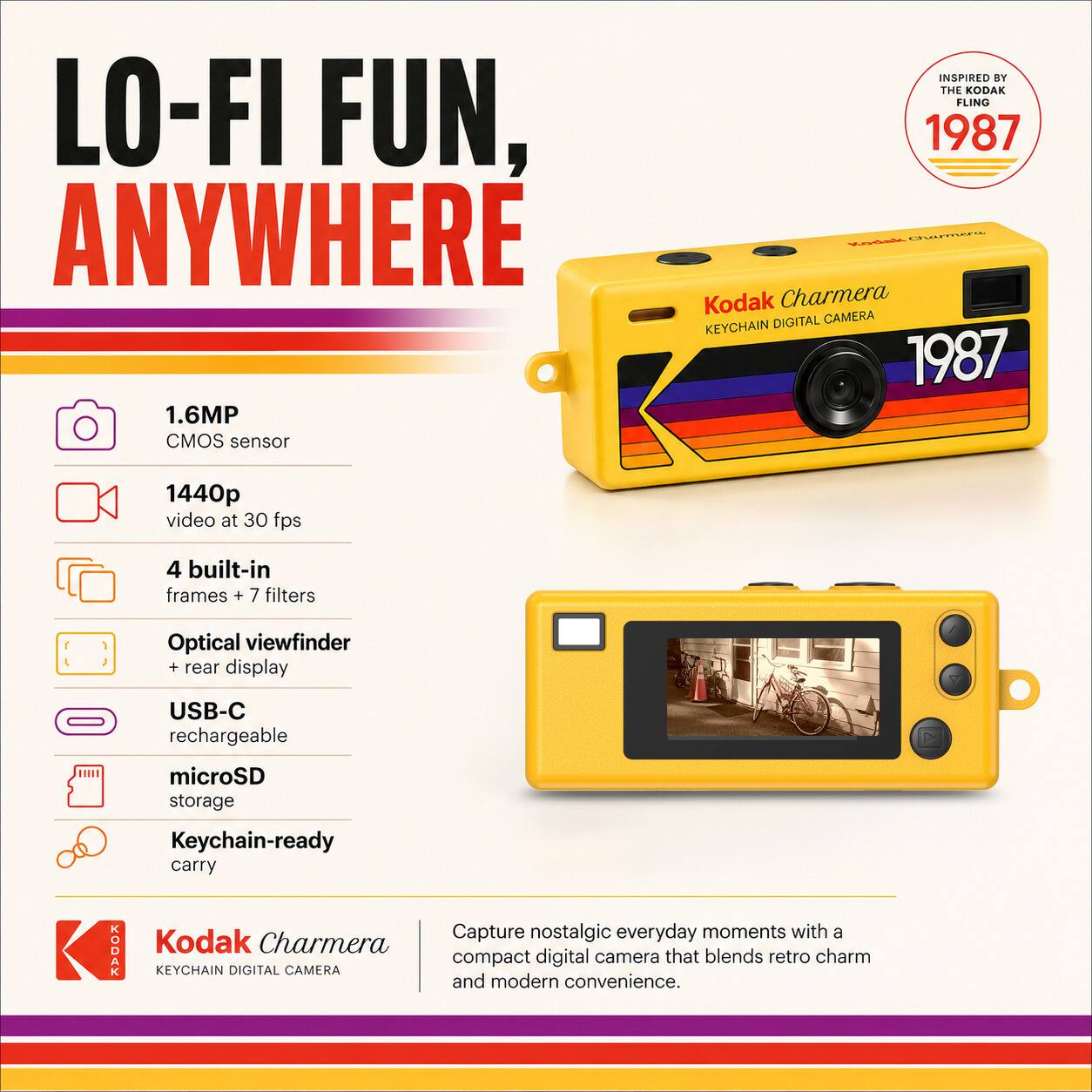 LO-FI FUN, ANYWHERE

1.6MP CMOS sensor

1440p video at 30 fps

4 built-in frames + 7 filters

Optical viewfinder + rear display

USB-C rechargeable

microSD storage

Keychain-ready carry

Kodak Charmera DIGITAL CAMERA

Inspired by the KODAK FLING 1987

Capture nostalgic everyday moments with a compact digital camera that blends retro charm and modern convenience.