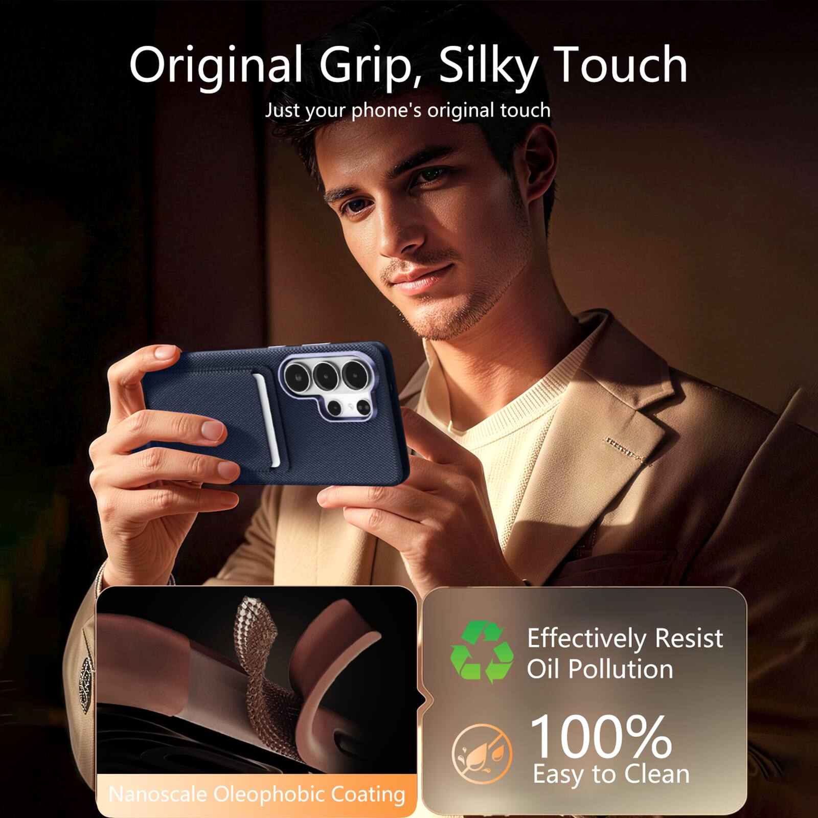 Original Grip, Silky Touch  
Just your phone's original touch  

Effectively Resist Oil Pollution  
100% Easy to Clean  

Nanoscale Oleophobic Coating
