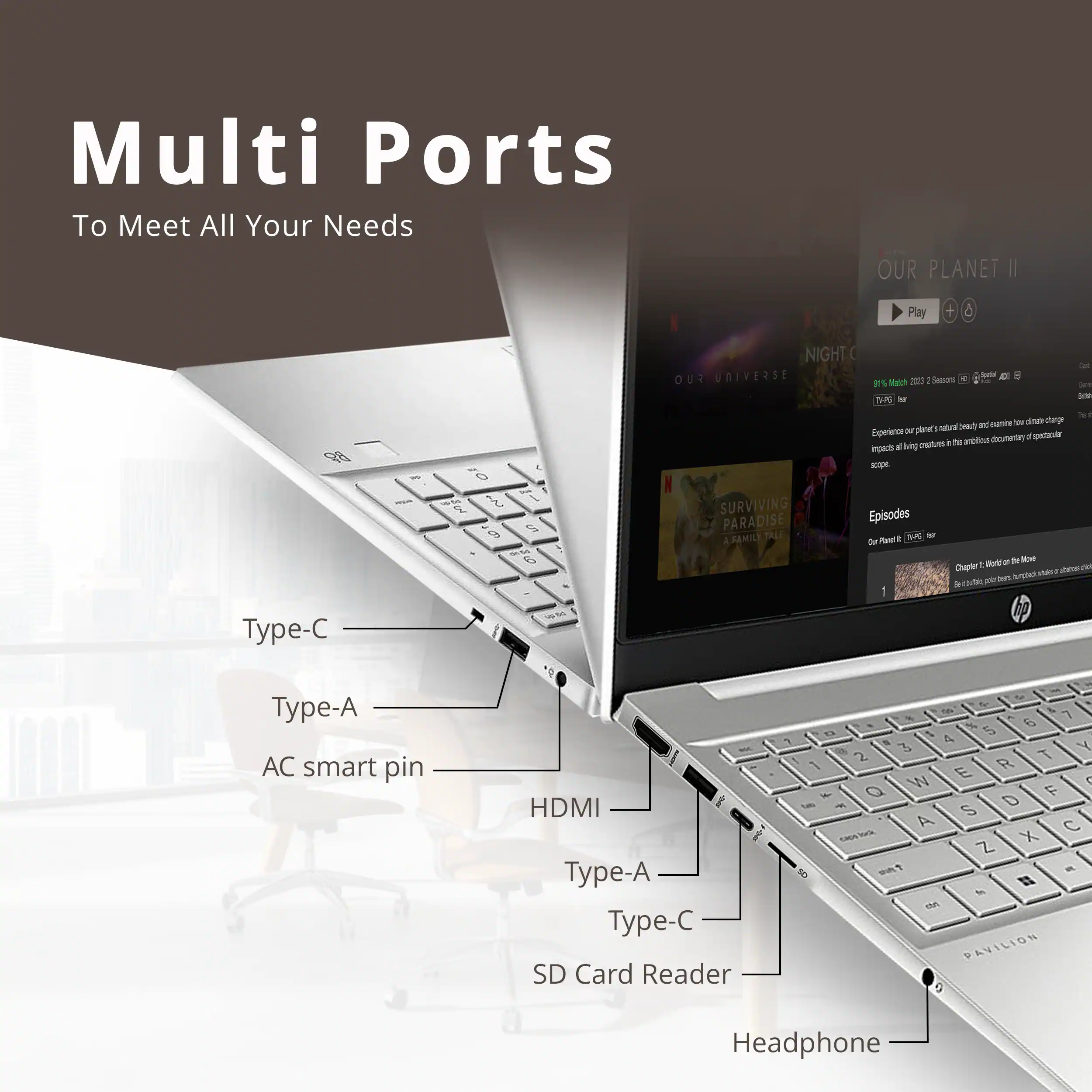 Multi Ports To Meet All Your Needs

OUR PLANET II
Play
NIGHT
UO UNIVERSE
8% Makch 2221 Season h4
Aote e - den -e
Type-C
O
S 6
SURVIVING PARADISE
AFAMILY TALE
and mare
dep
Chraic
Au beah
Experience
-ounern d
-dog a
-nn
mprchs d
big
-T Episodes
Du Pan
- - I Nue
Chapher
- - tan surman le e 1
Type-A
AC smart pin
HDMI
Type-A
Type-C
SD Card Reader
S 1 f 7 E 5
A T Y 2 R W E c Q F D S A C X Z
Fa
S th
PAVILION
Headphone